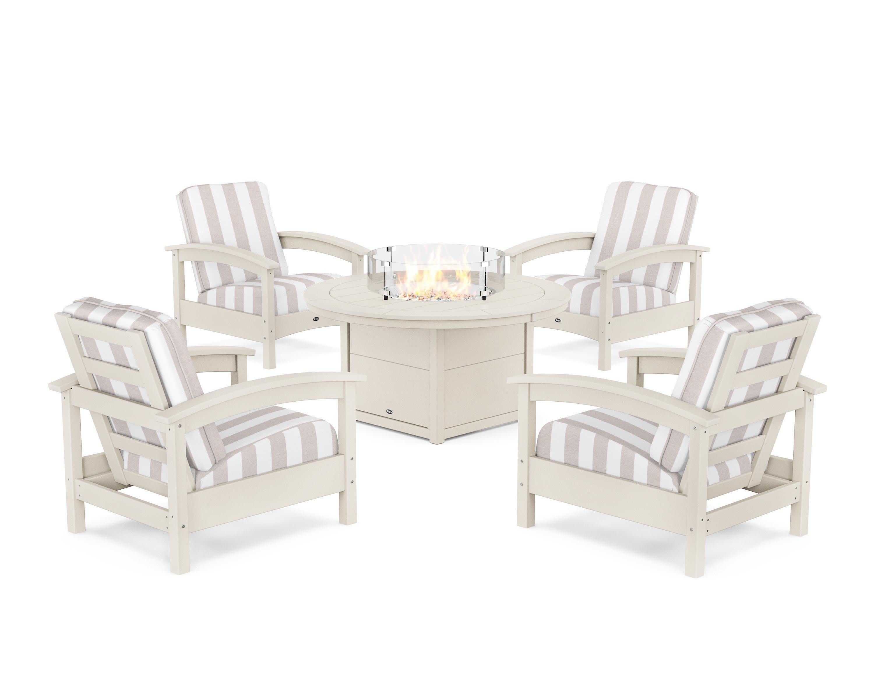Rockport 5-Piece Deep Seating Set with Round Fire Pit Table in Sand Castle / Cabana Stripe Dune Burlap