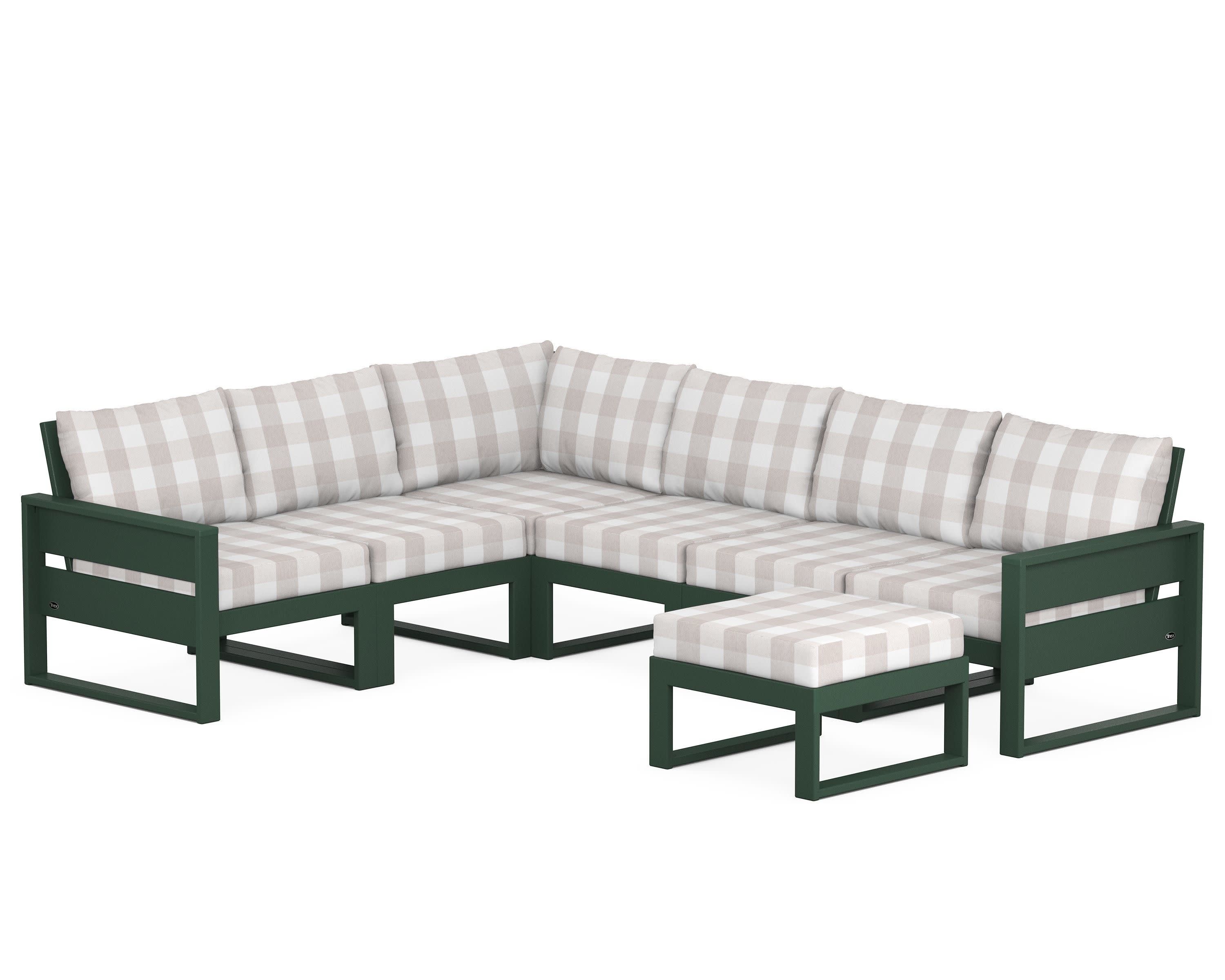 Eastport 6-Piece Sectional with Ottoman in Rainforest Canopy / Buffalo Plaid Dune Burlap