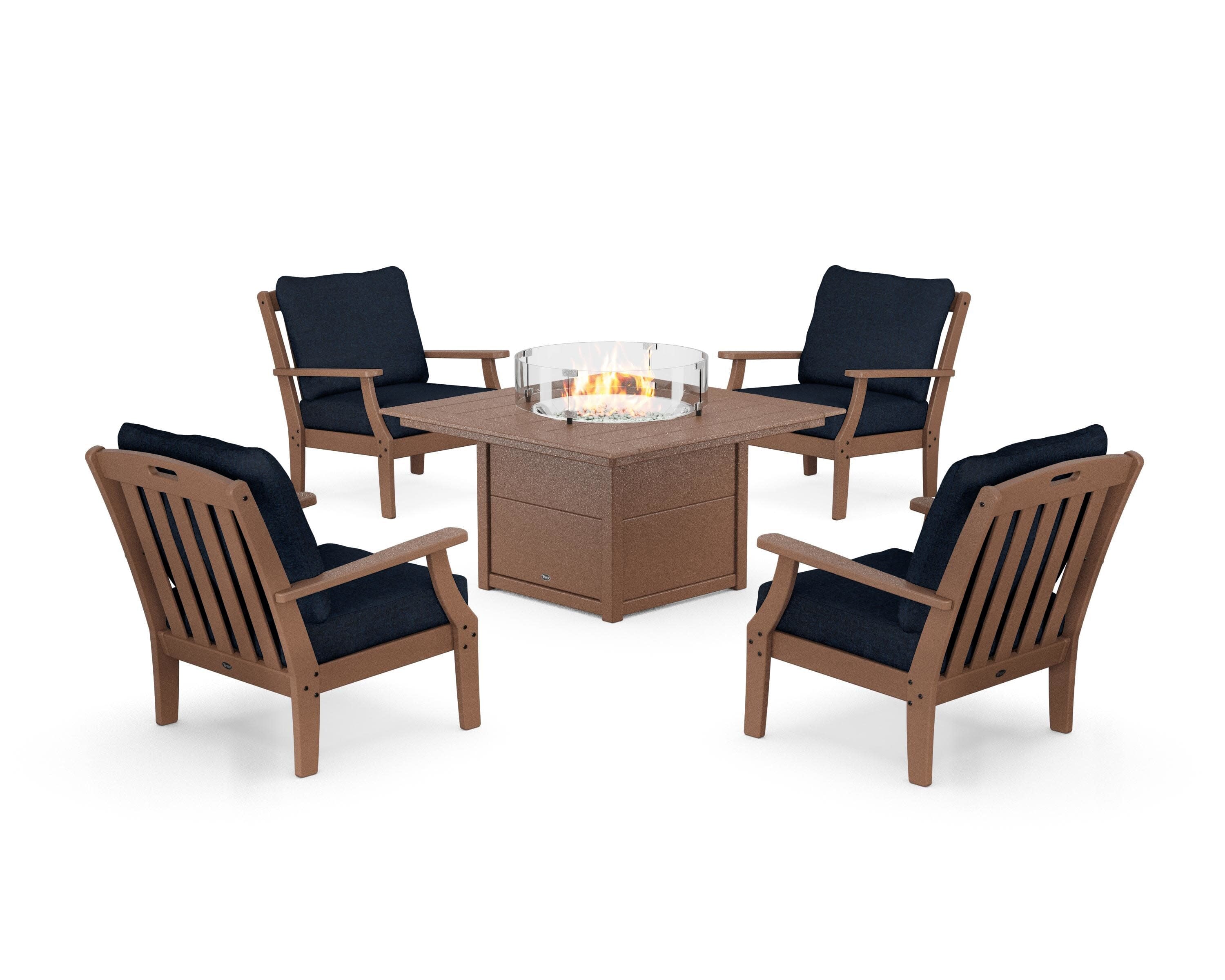Yacht Club 5-Piece Deep Seating Set with Square Fire Pit Table in Tree House / Marine Indigo