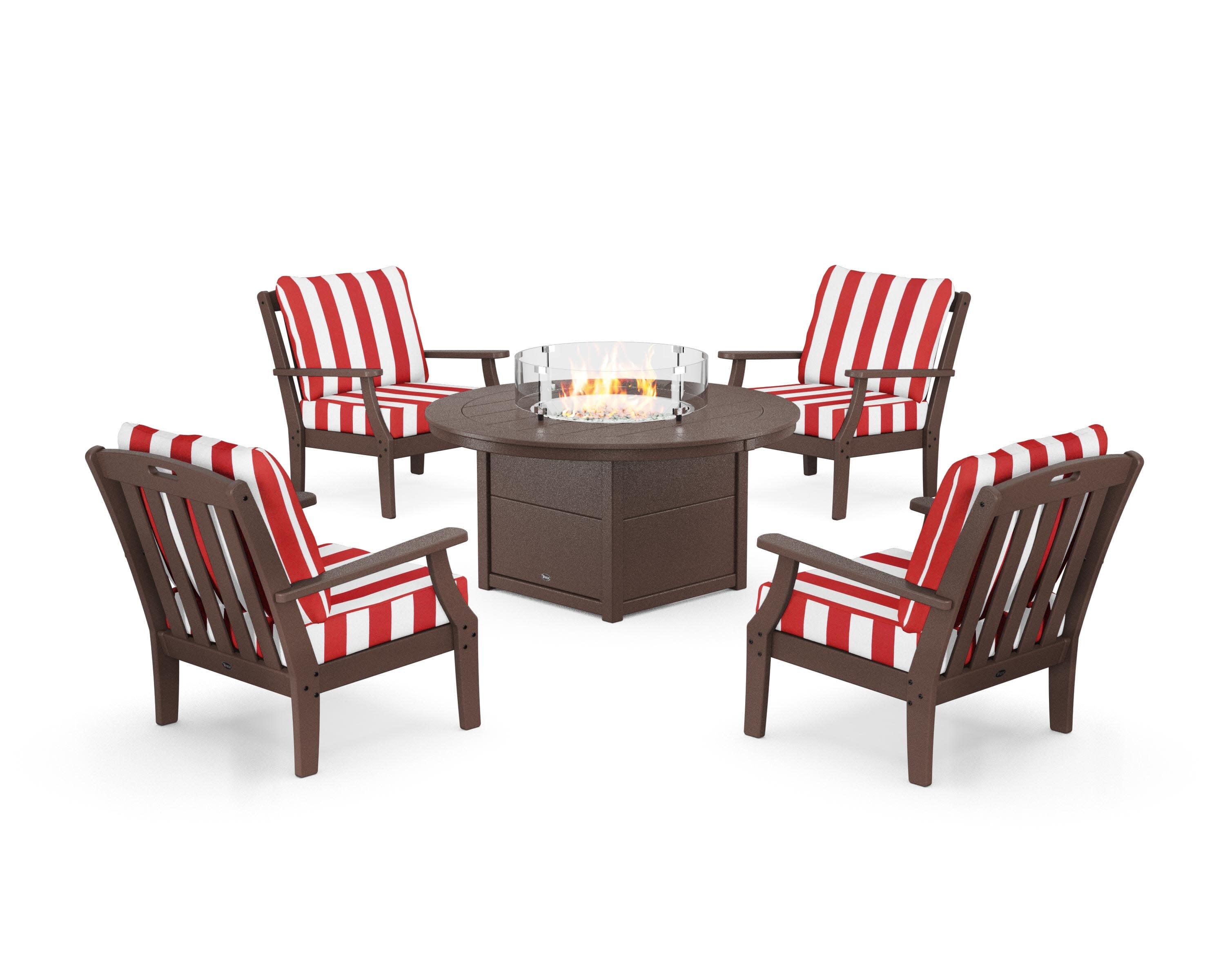 Yacht Club 5-Piece Deep Seating Set with Round Fire Pit Table in Vintage Lantern / Cabana Stripe Crimson