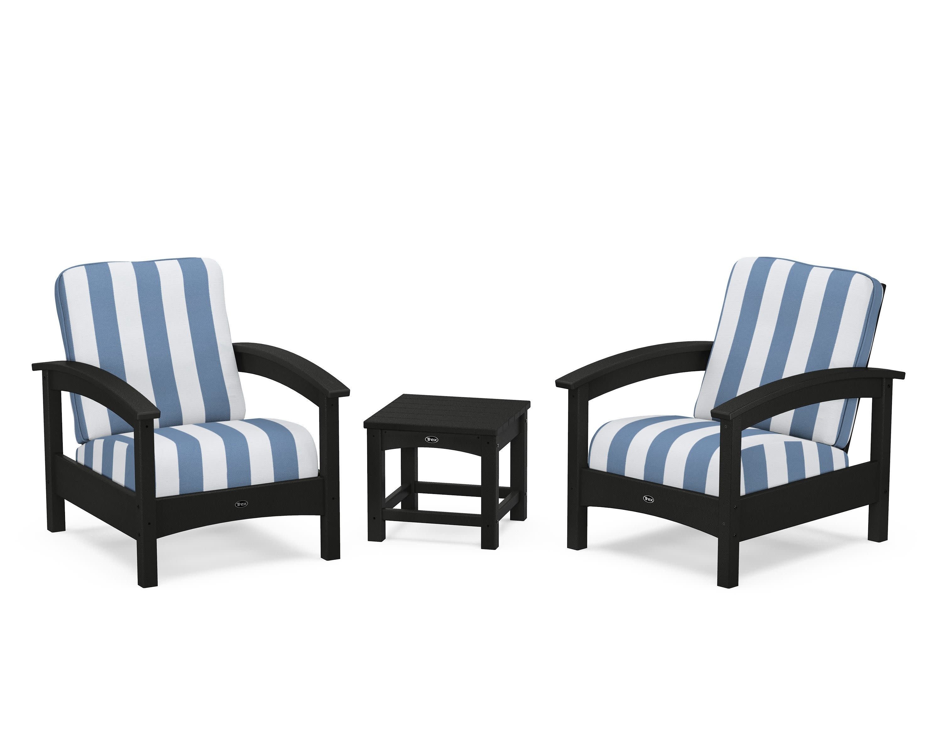 Rockport Club 3-Piece Deep Seating Conversation Set in Charcoal Black / Cabana Stripe Sky Blue