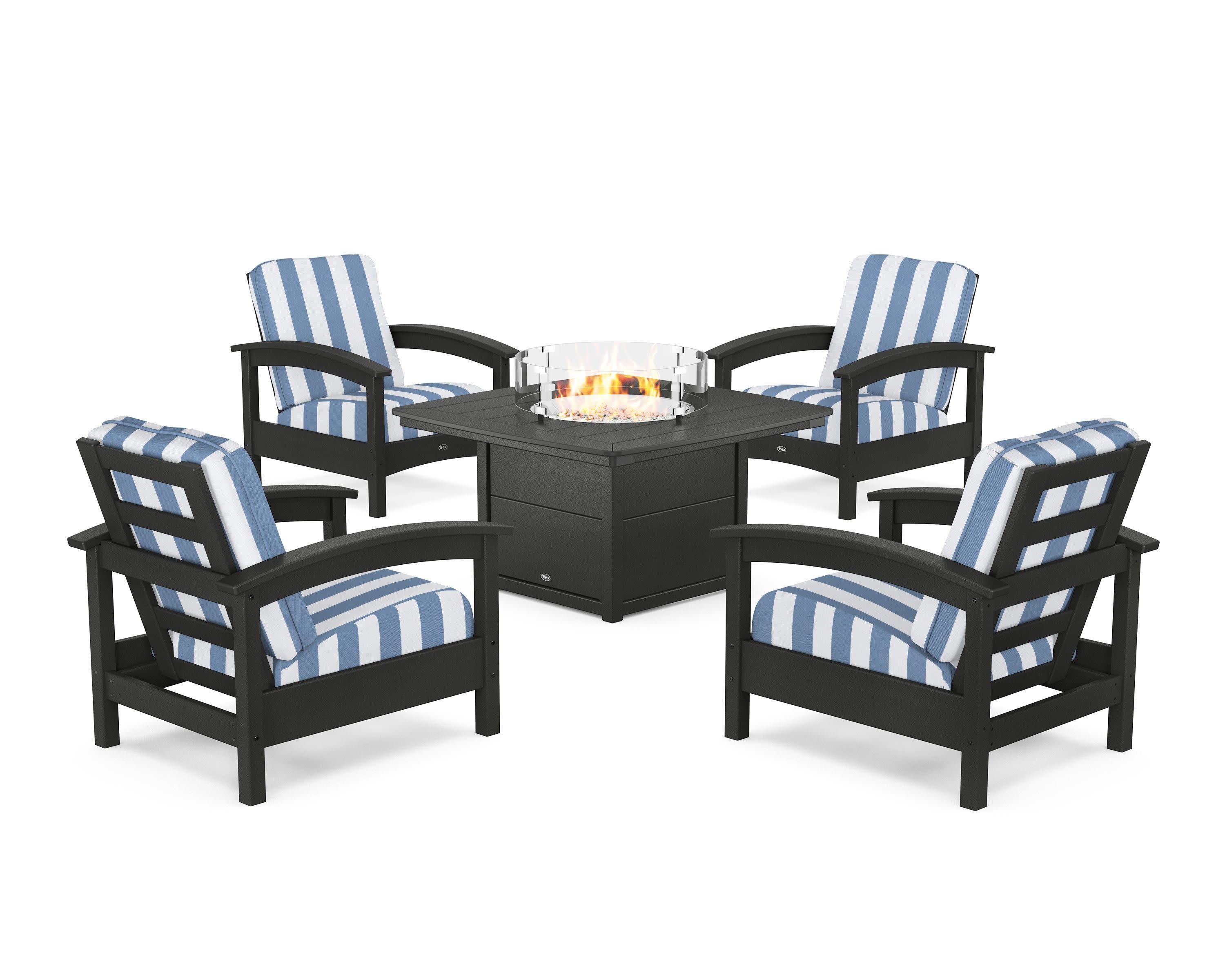 Rockport 5-Piece Deep Seating Set with Yacht Club Fire Pit Table in Charcoal Black / Cabana Stripe Sky Blue