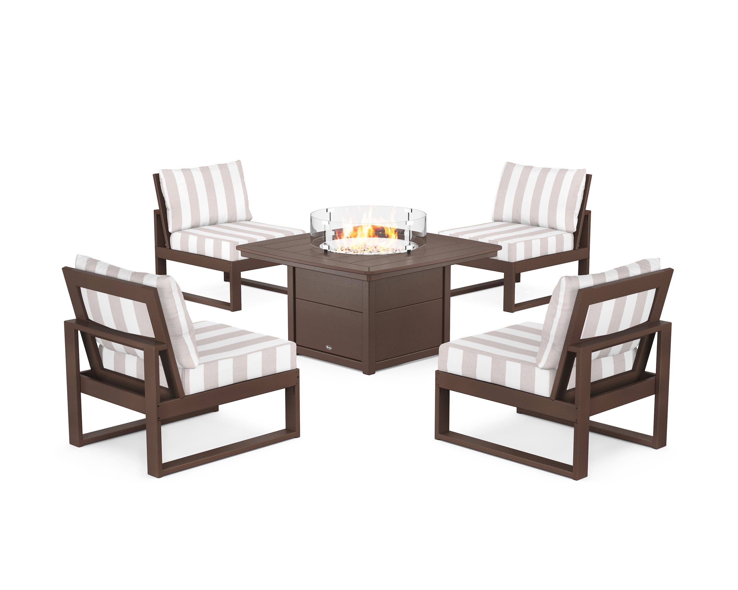 Eastport Modular 5-Piece Deep Seating Set with Yacht Club Fire Pit Table in Vintage Lantern / Cabana Stripe Dune Burlap