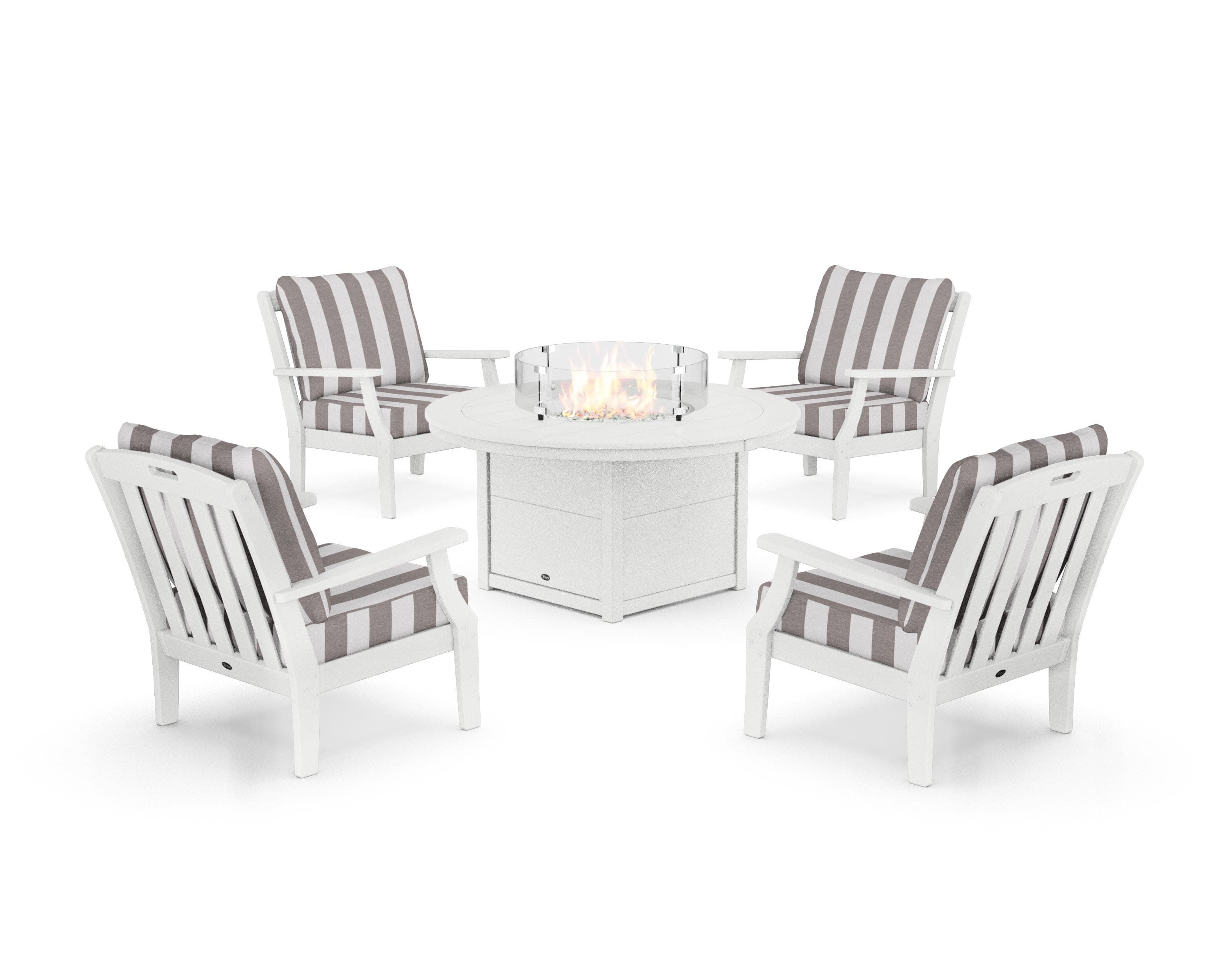 Yacht Club 5-Piece Deep Seating Set with Round Fire Pit Table in Classic White / Cabana Stripe Grey Mist