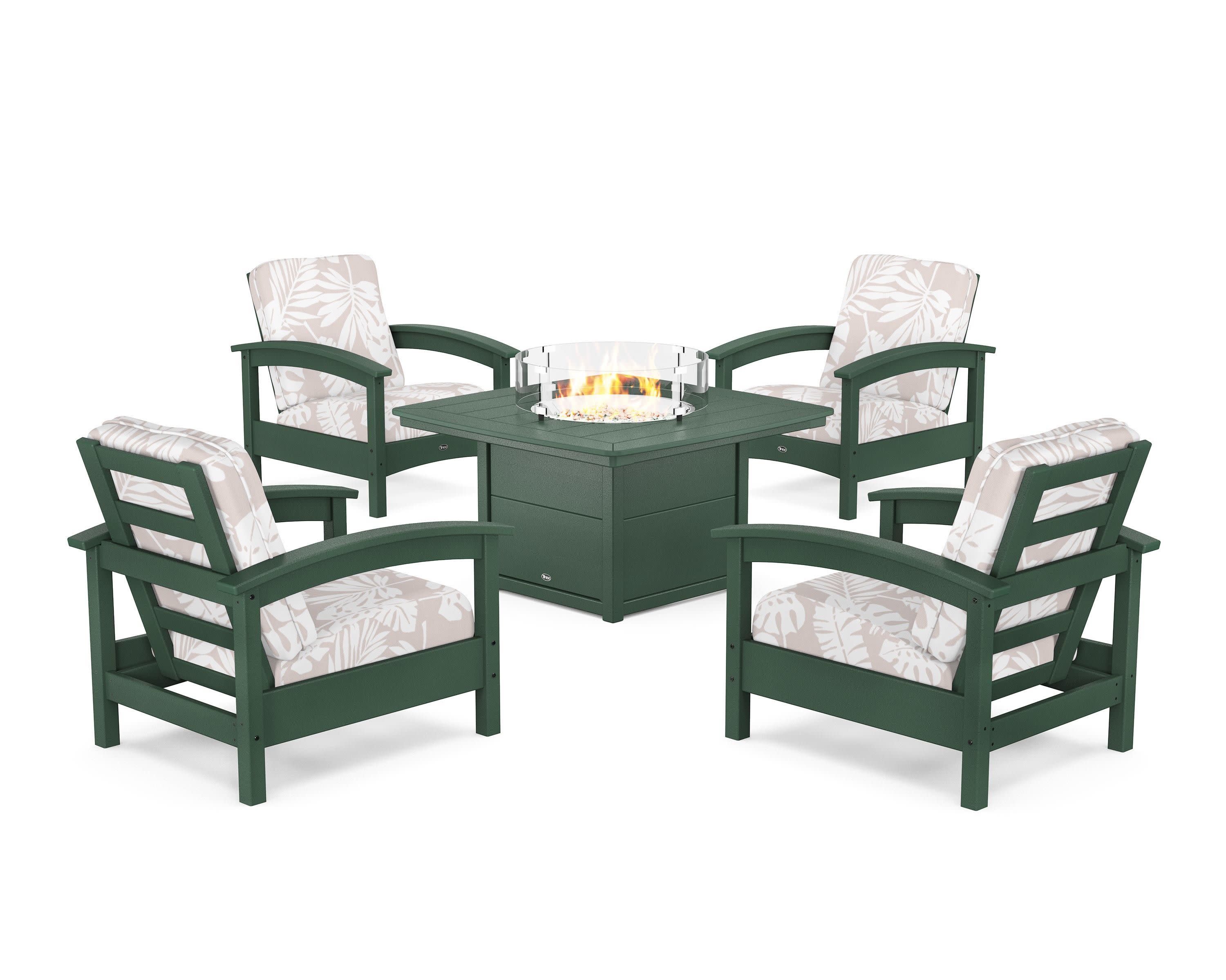 Rockport 5-Piece Deep Seating Set with Yacht Club Fire Pit Table in Rainforest Canopy / Leaf Dune Burlap