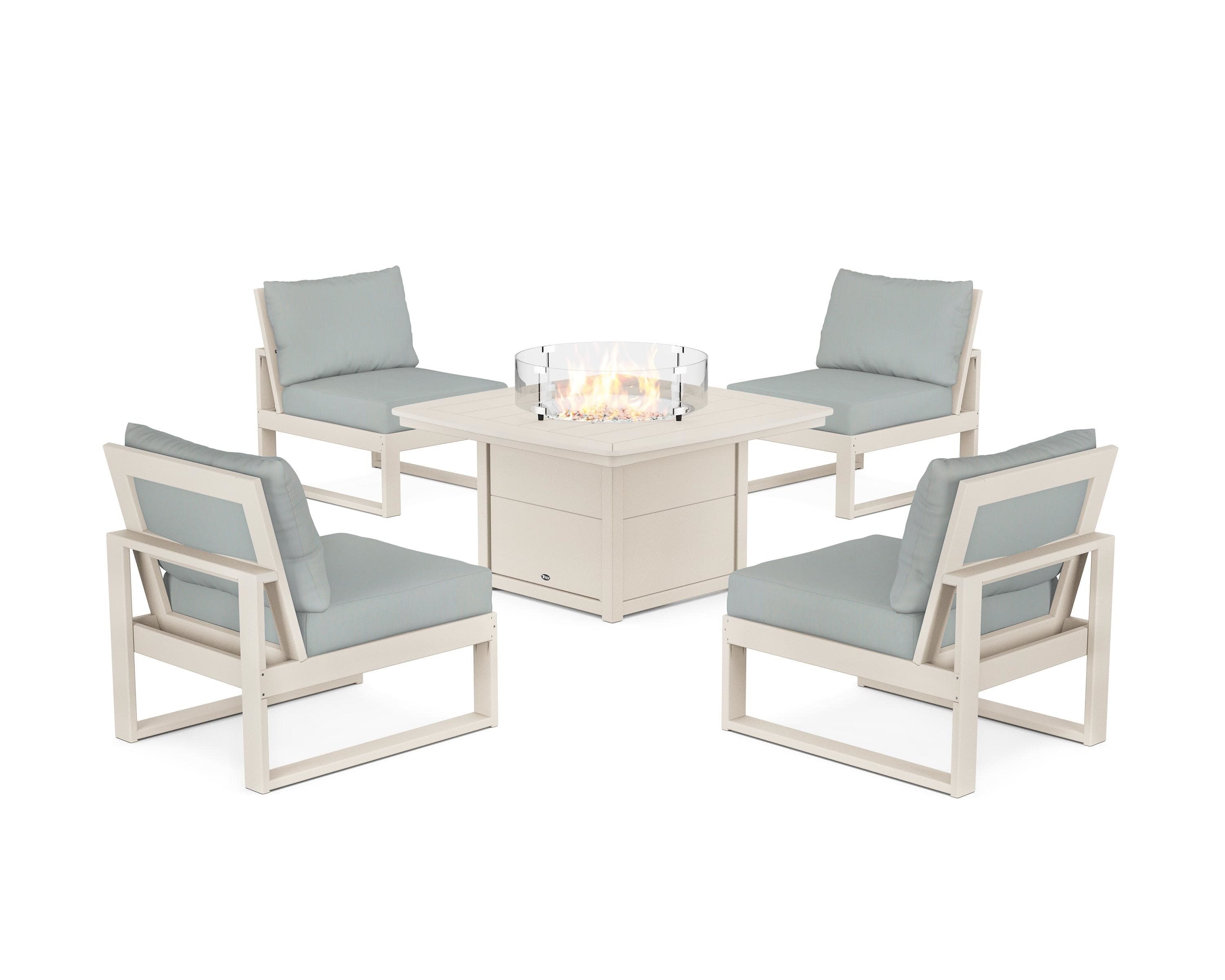Eastport Modular 5-Piece Deep Seating Set with Yacht Club Fire Pit Table in Sand Castle / Spa
