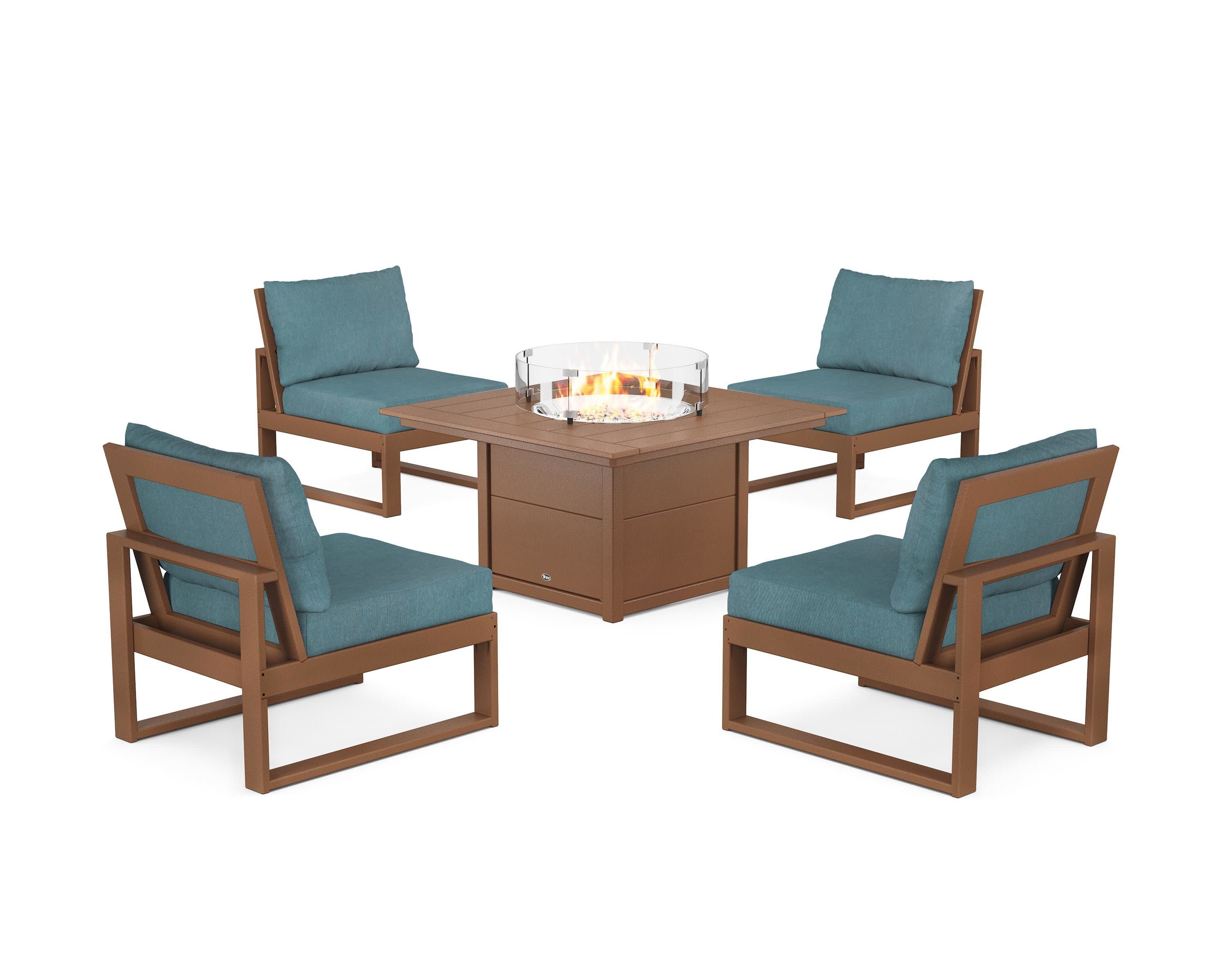 Eastport Modular 5-Piece Deep Seating Set with Square Fire Pit Table in Tree House / Ocean Teal