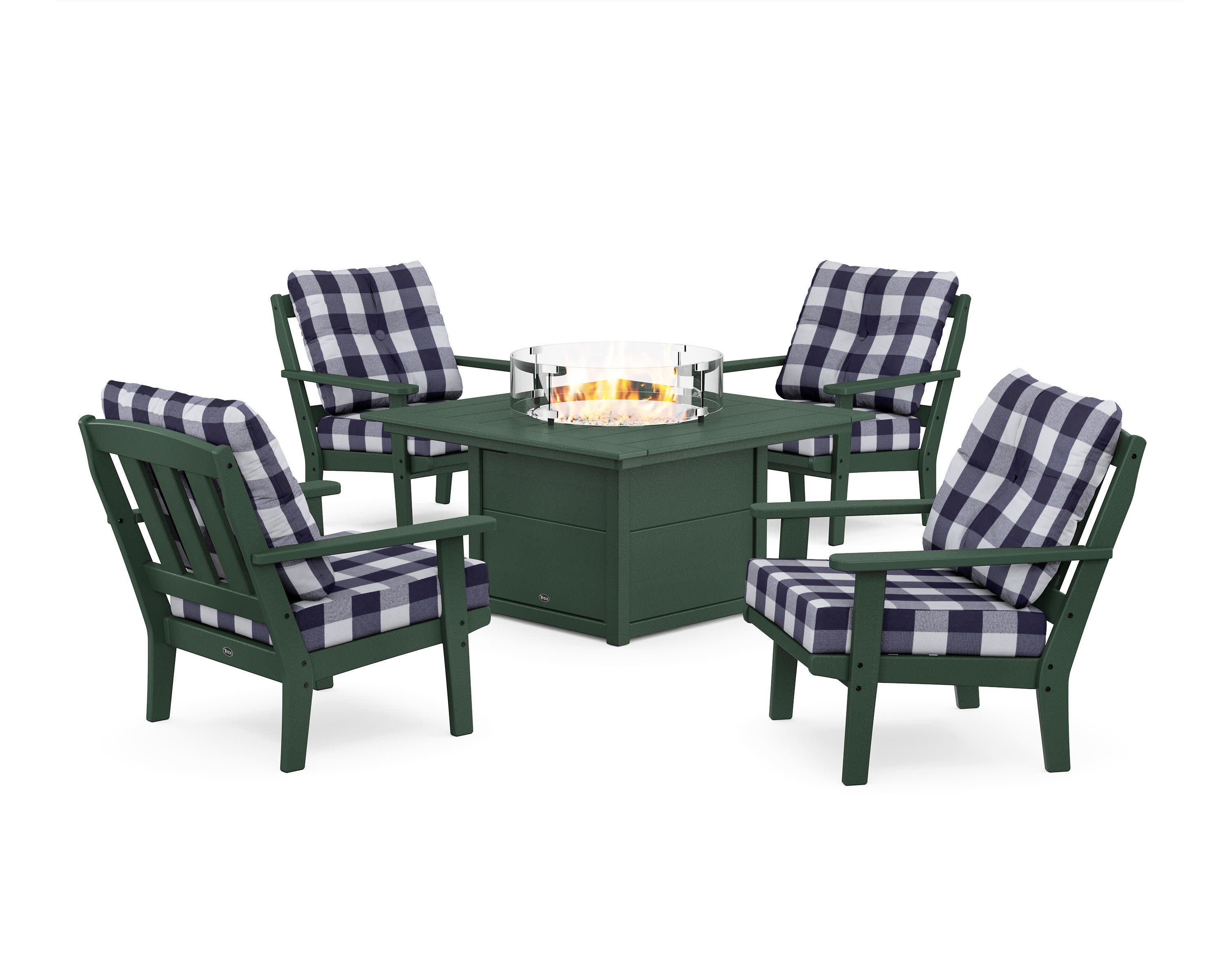 Cape Cod 5-Piece Deep Seating Set with Fire Pit Table in Rainforest Canopy / Buffalo Plaid Navy