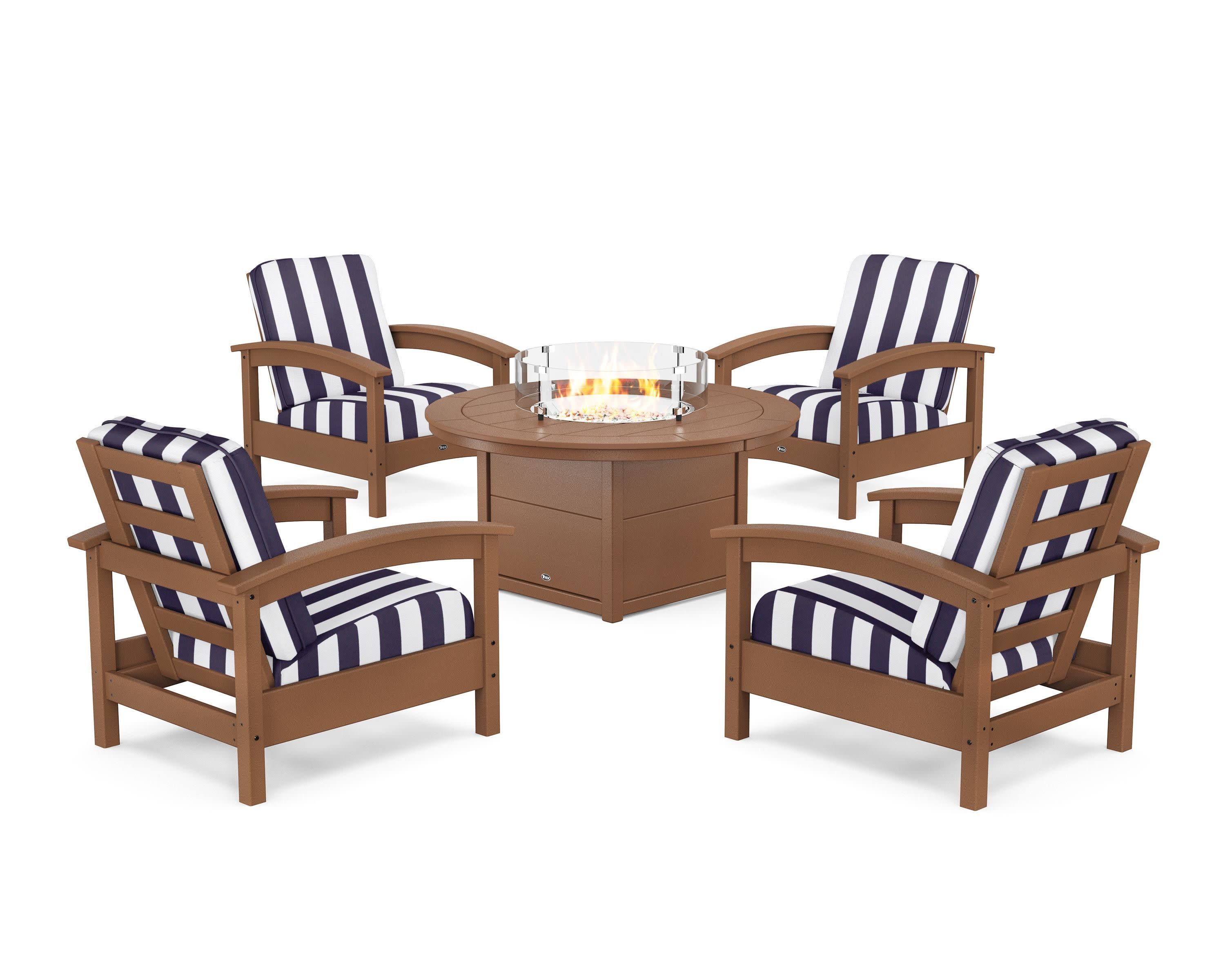 Rockport 5-Piece Deep Seating Set with Round Fire Pit Table in Tree House / Cabana Stripe Navy
