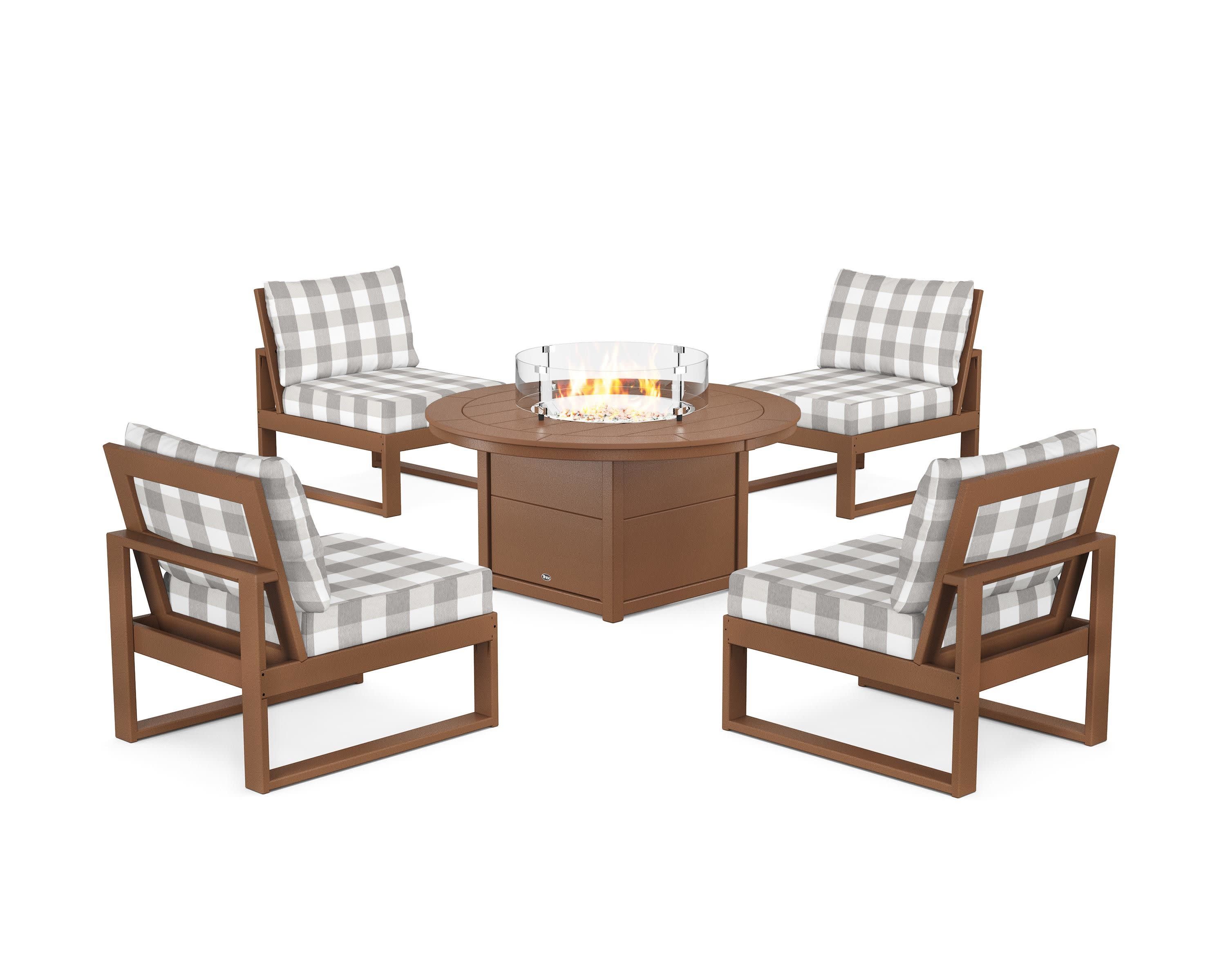 Eastport Modular 5-Piece Deep Seating Set with Round Fire Pit Table in Tree House / Buffalo Plaid Grey Mist