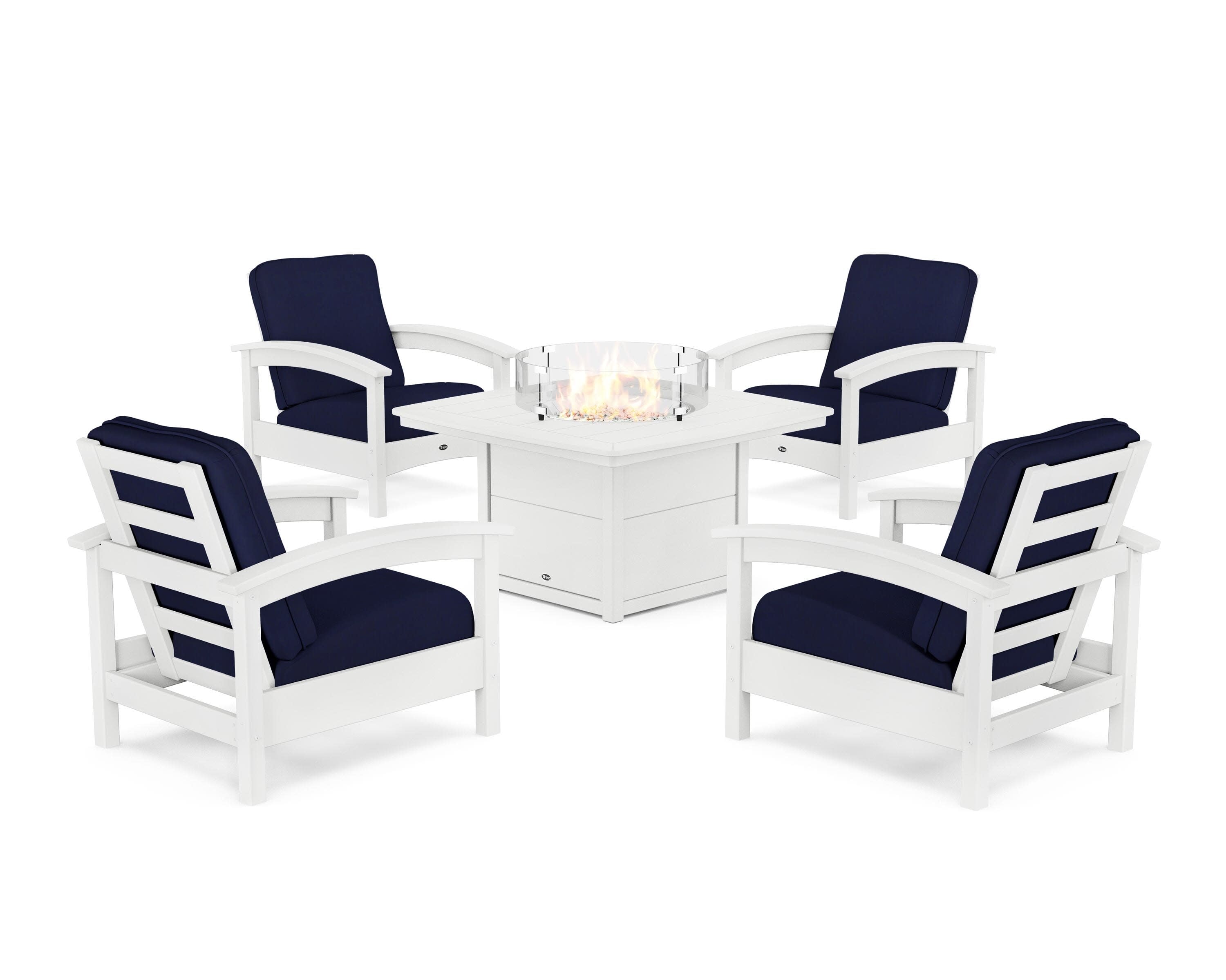 Rockport 5-Piece Deep Seating Set with Yacht Club Fire Pit Table in Classic White / Navy