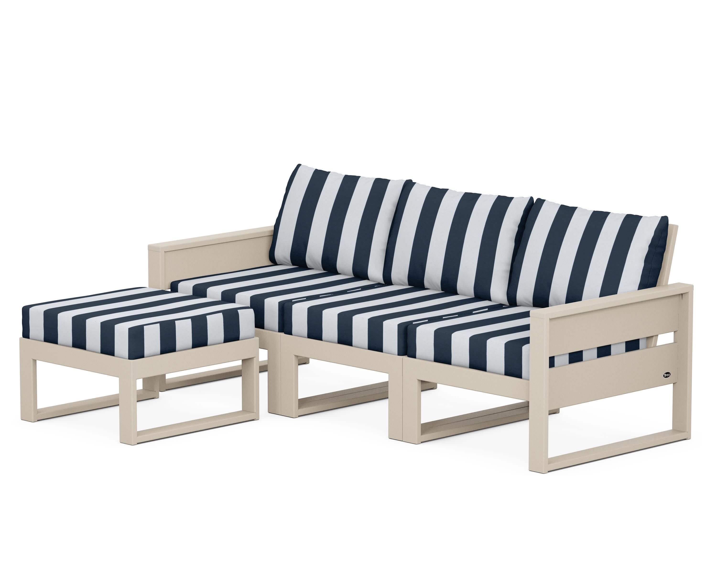Eastport 4- Piece Sectional with Ottoman in Sand Castle / Cabana Stripe Marine Indigo