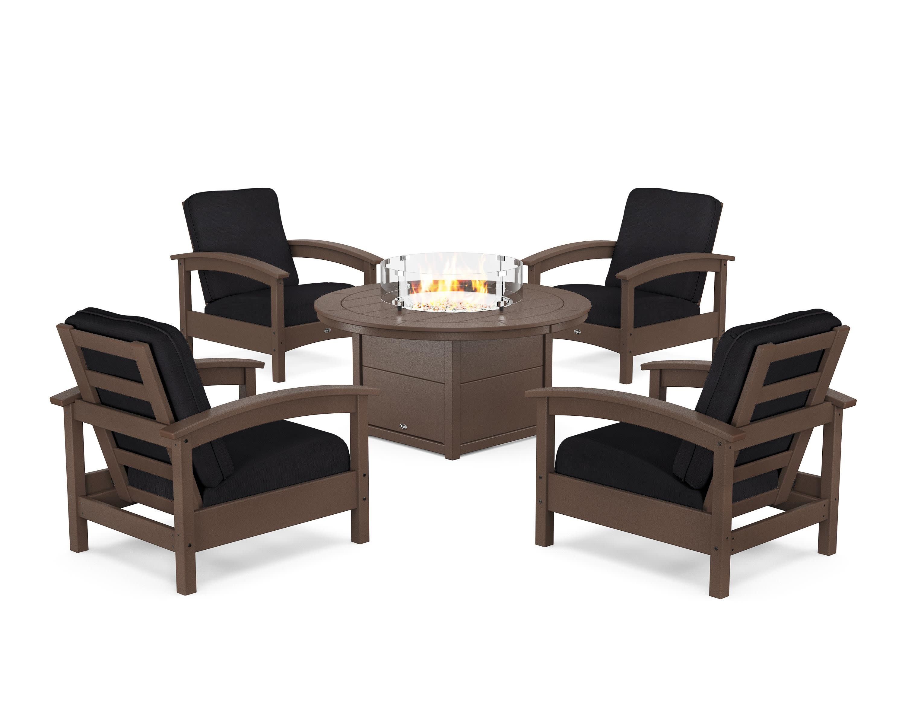 Rockport 5-Piece Deep Seating Set with Round Fire Pit Table in Vintage Lantern / Midnight Linen