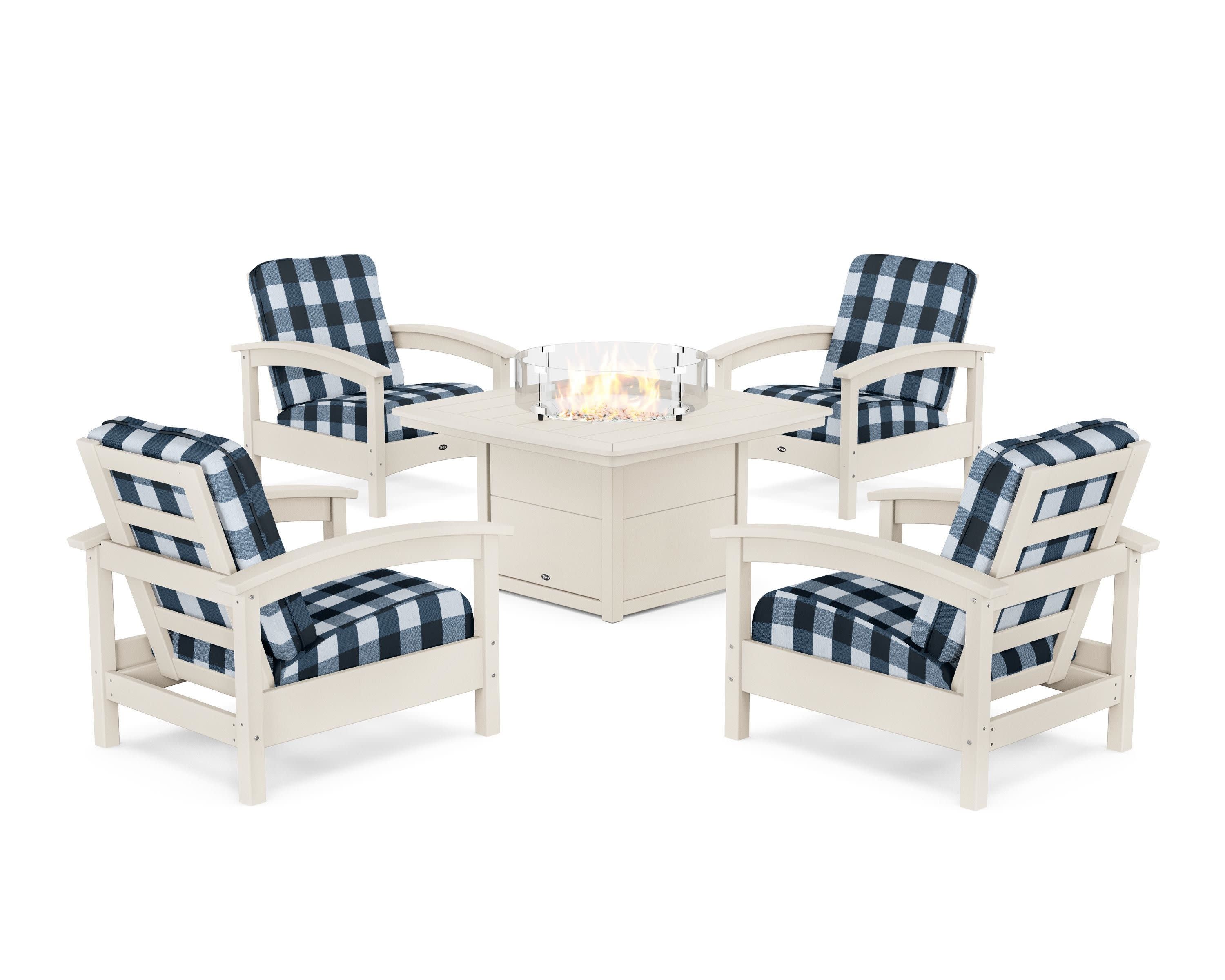 Rockport 5-Piece Deep Seating Set with Yacht Club Fire Pit Table in Sand Castle / Buffalo Plaid Marine Indigo
