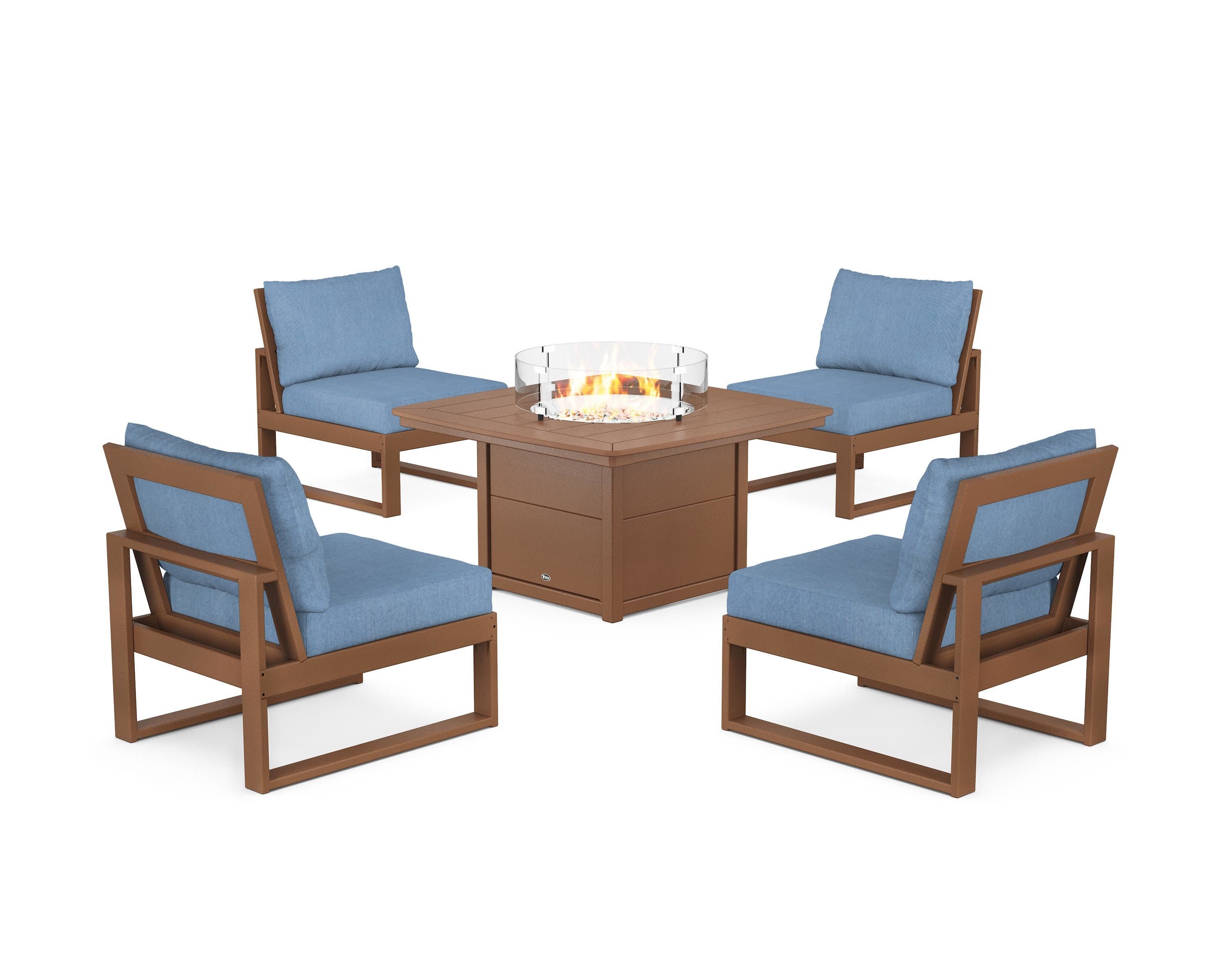 Eastport Modular 5-Piece Deep Seating Set with Yacht Club Fire Pit Table in Tree House / Sky Blue