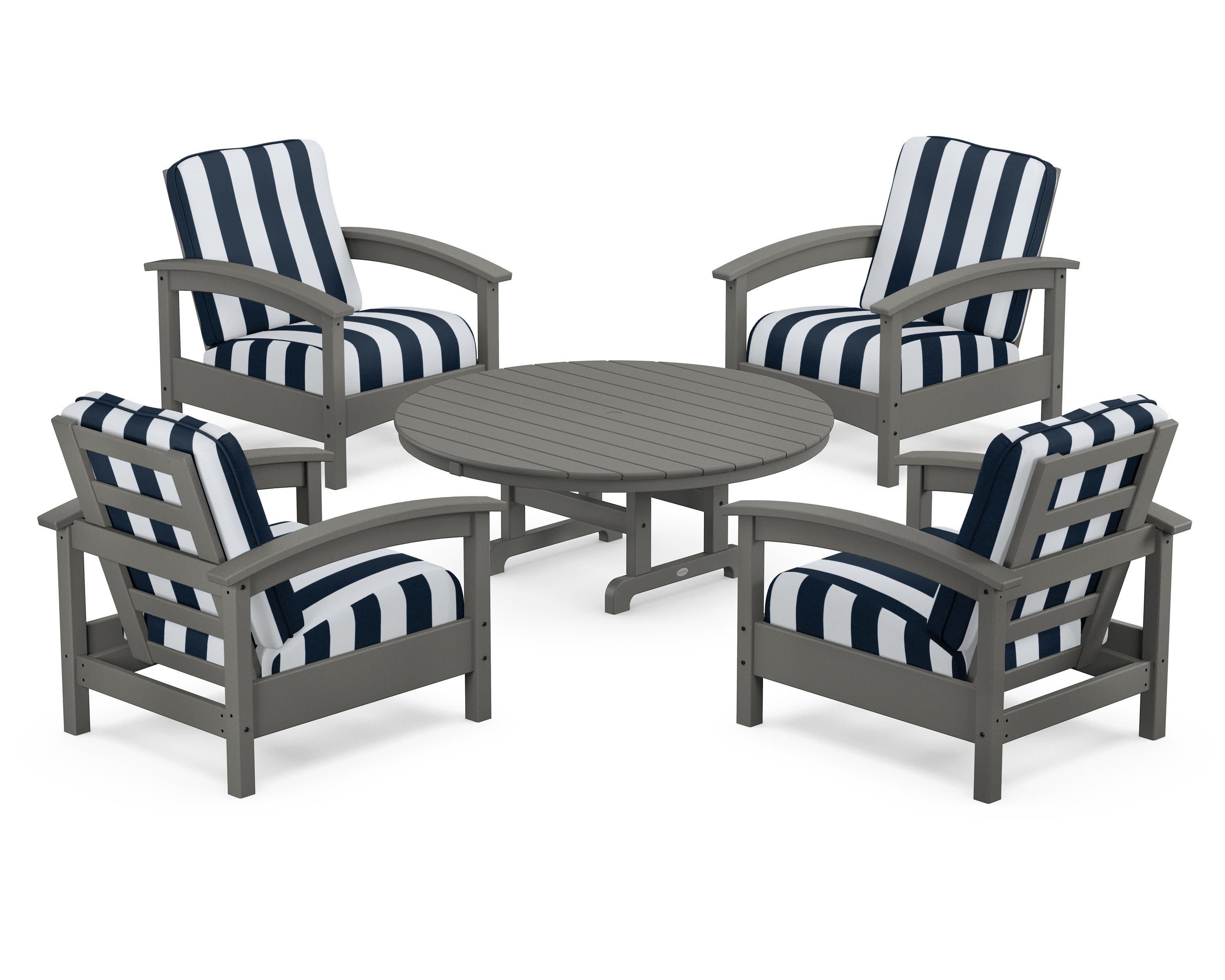 Rockport 5-Piece Deep Seating Set in Stepping Stone / Cabana Stripe Marine Indigo