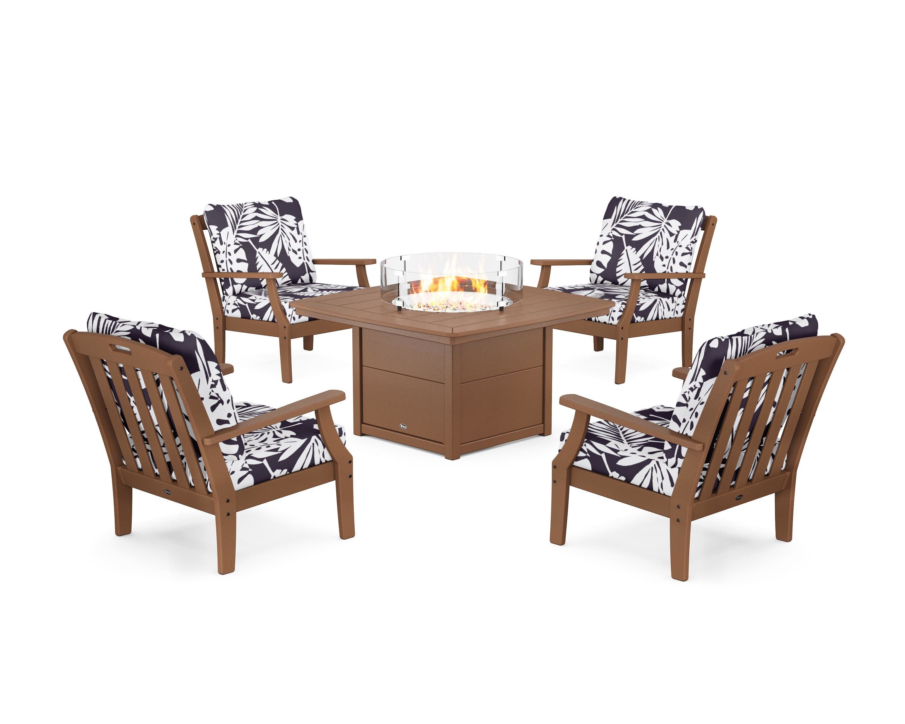 Yacht Club 5-Piece Deep Seating Set with Fire Pit Table in Tree House / Leaf Navy