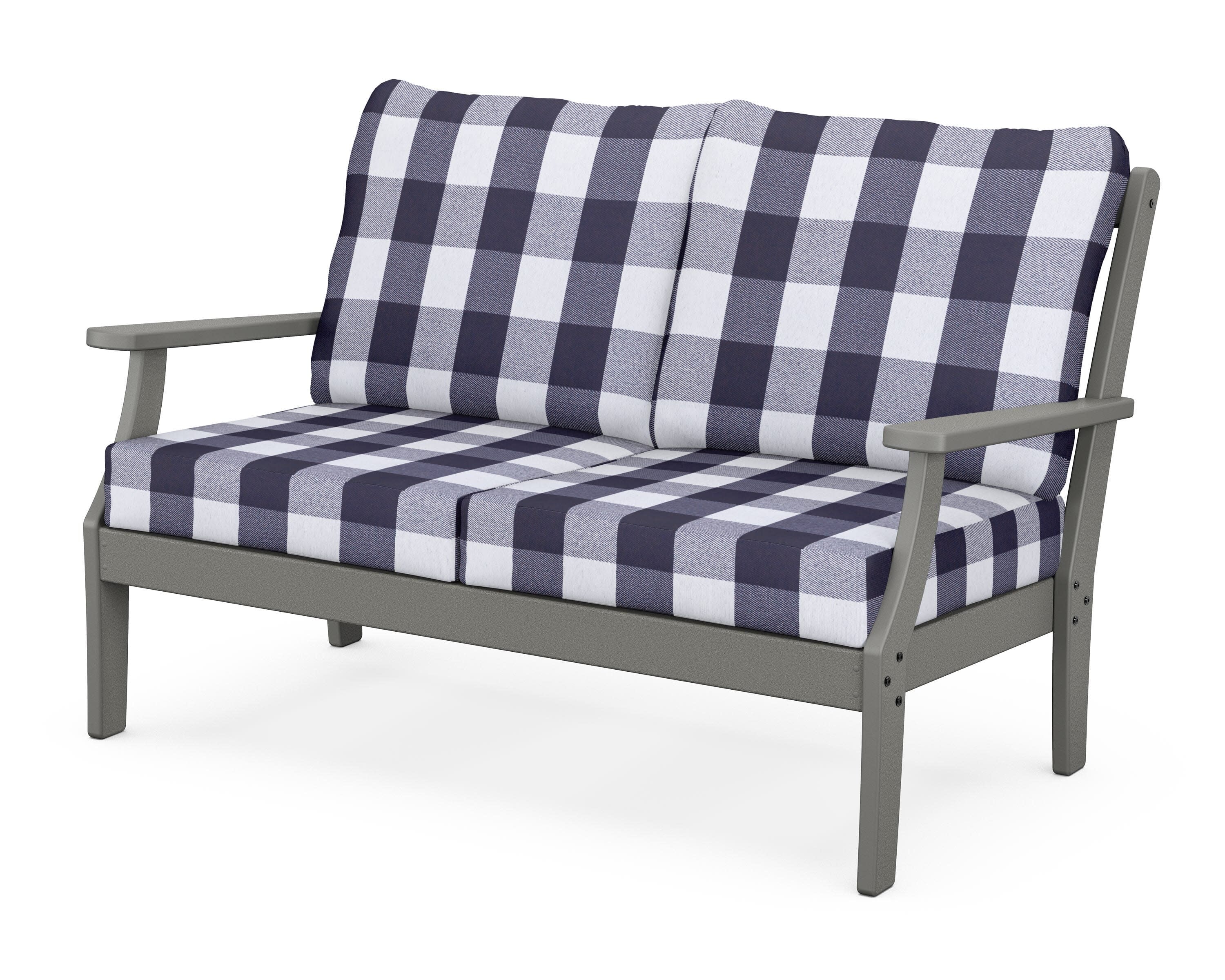 Yacht Club Deep Seating Loveseat in Stepping Stone / Buffalo Plaid Navy