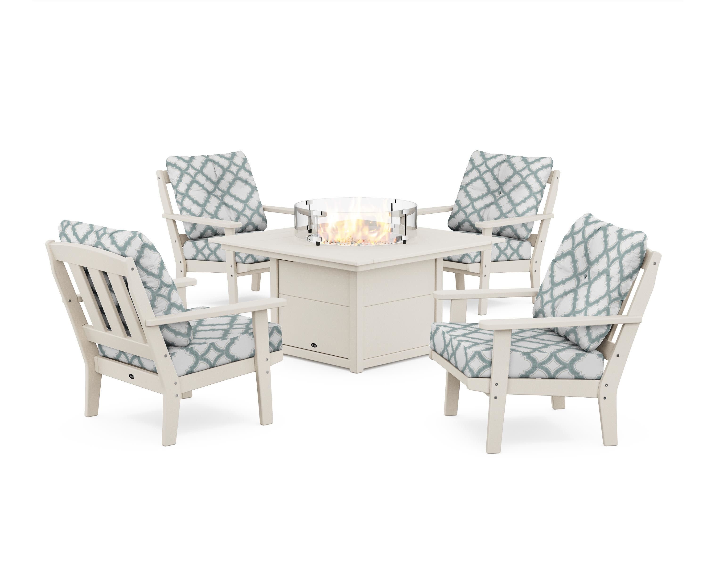 Cape Cod 5-Piece Deep Seating Set with Fire Pit Table in Sand Castle / Trellis Glacier Spa