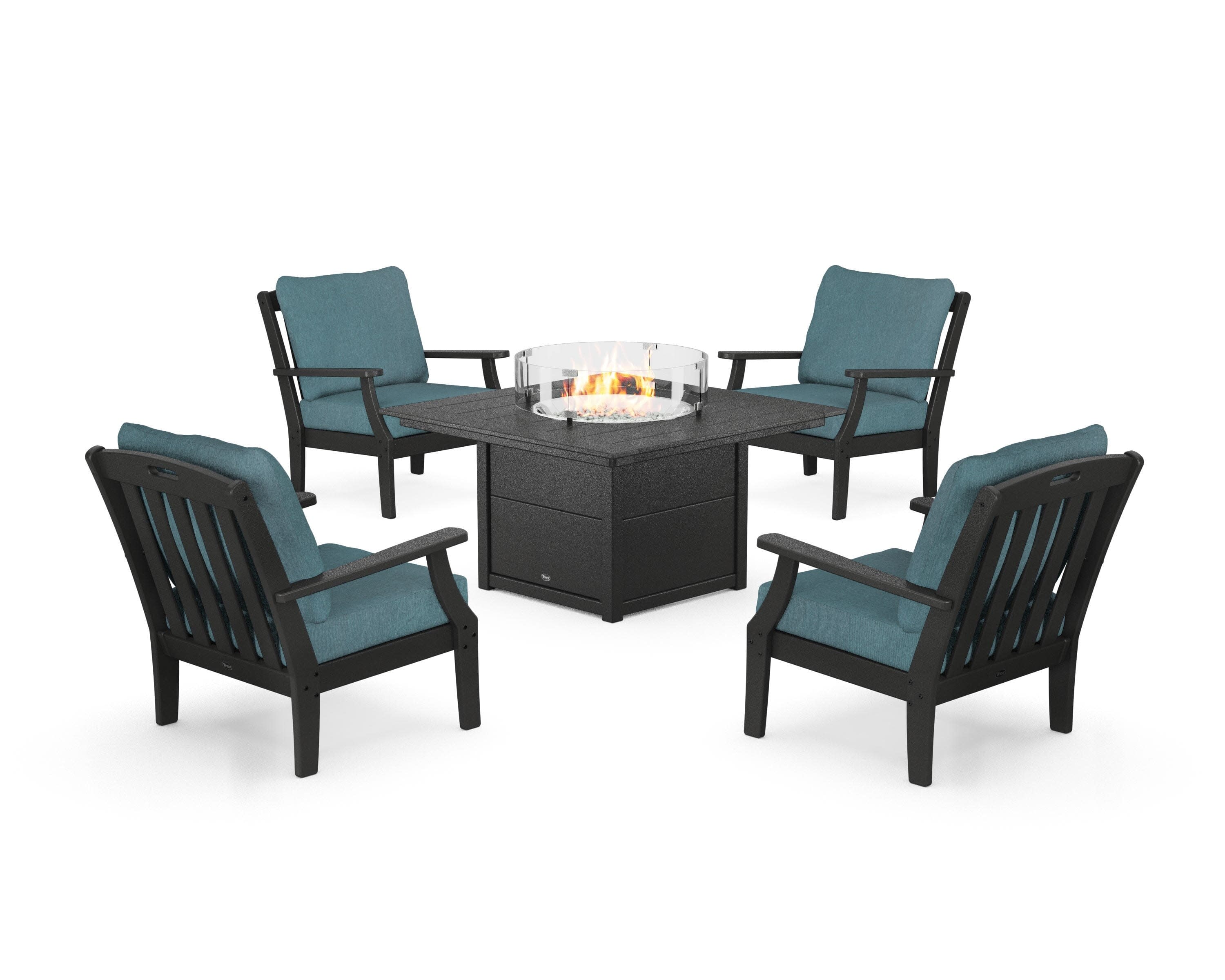 Yacht Club 5-Piece Deep Seating Set with Square Fire Pit Table in Charcoal Black / Ocean Teal