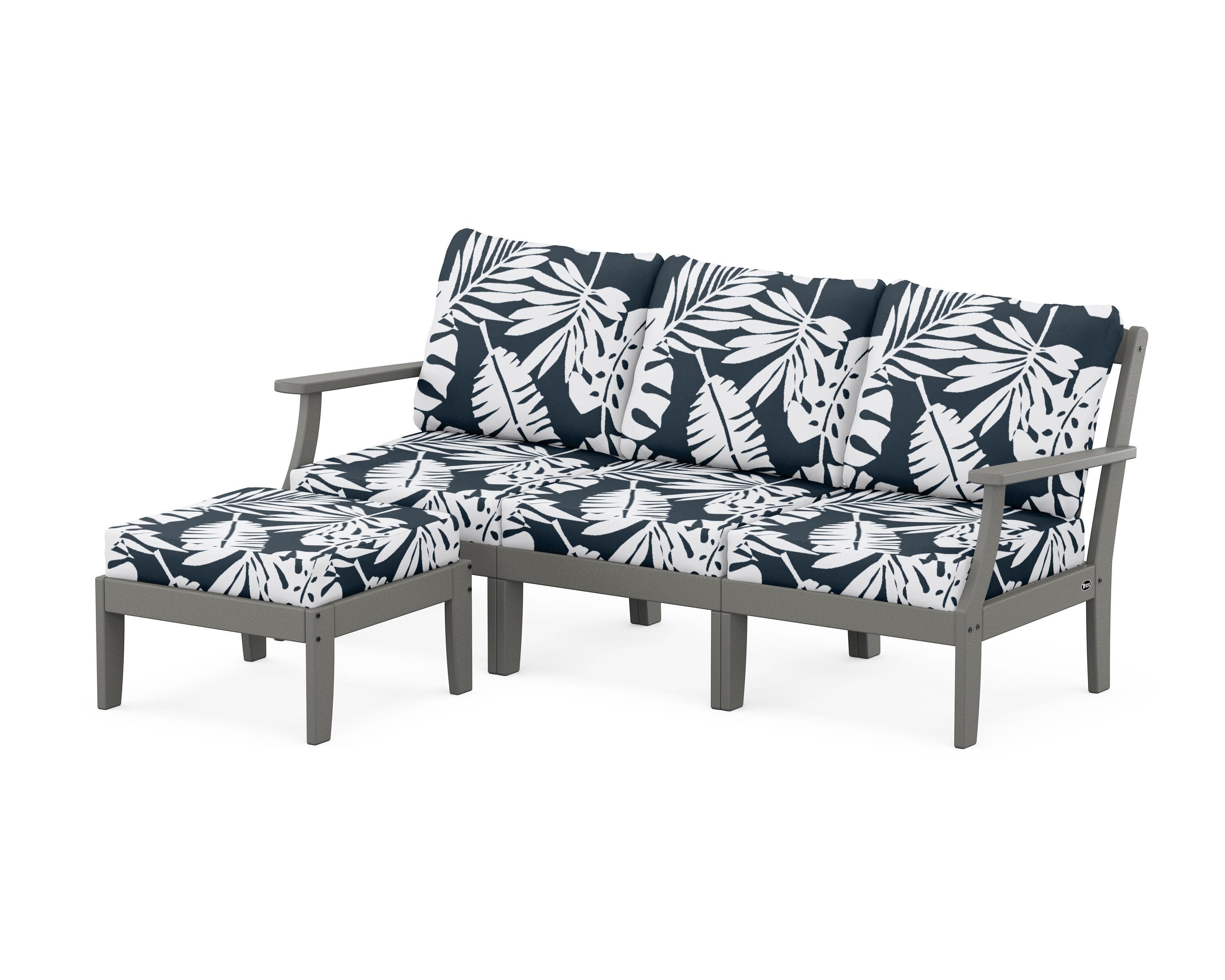 Yacht Club Modular 4-Piece Deep Seating Set with Ottoman in Stepping Stone / Leaf Marine Indigo