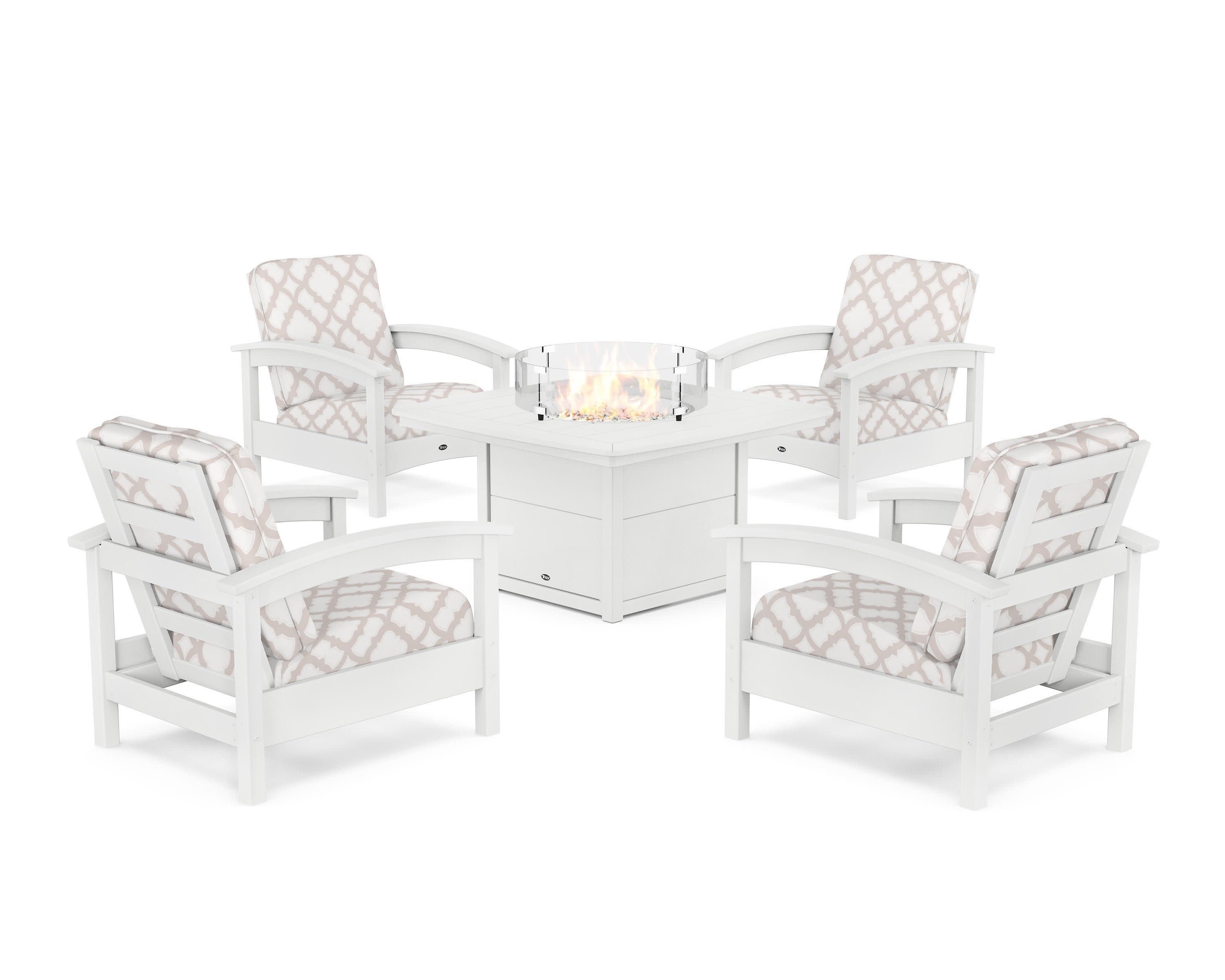 Rockport 5-Piece Deep Seating Set with Yacht Club Fire Pit Table in Classic White / Trellis Dune Burlap
