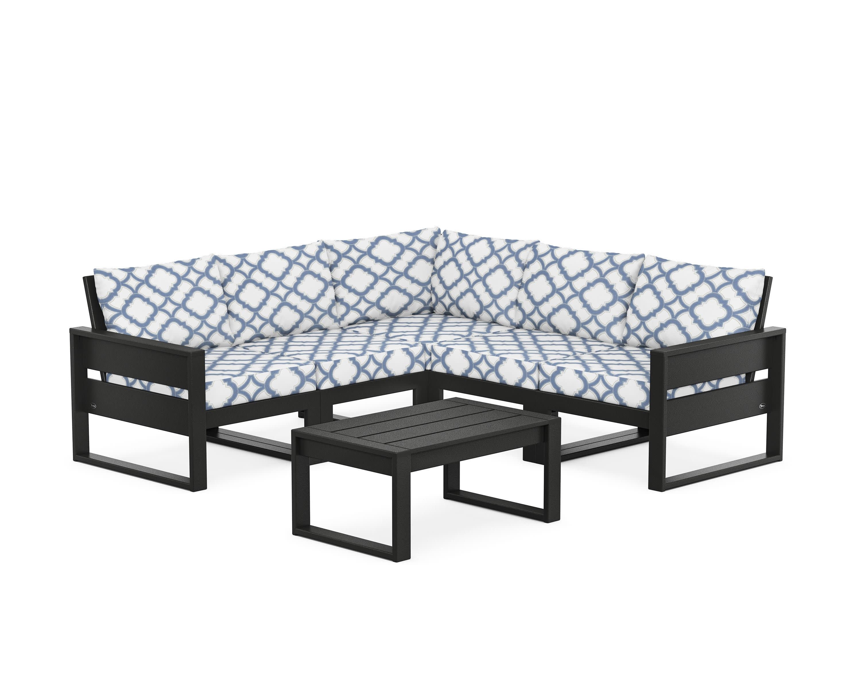 Eastport 6-Piece Deep Seating Sectional + Coffee Table Set in Charcoal Black / Trellis Sky Blue