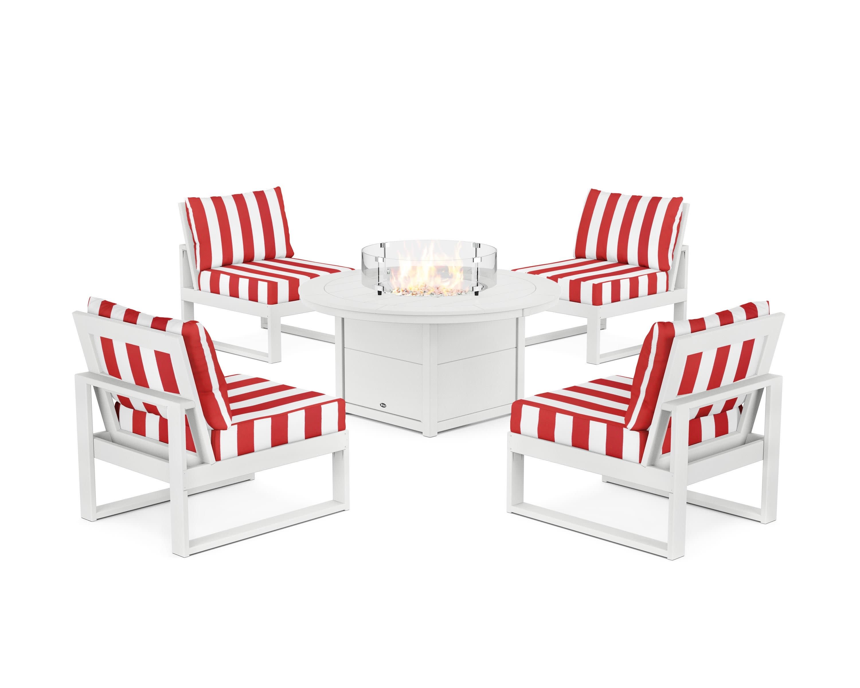 Eastport Modular 5-Piece Deep Seating Set with Round Fire Pit Table in Classic White / Cabana Stripe Crimson