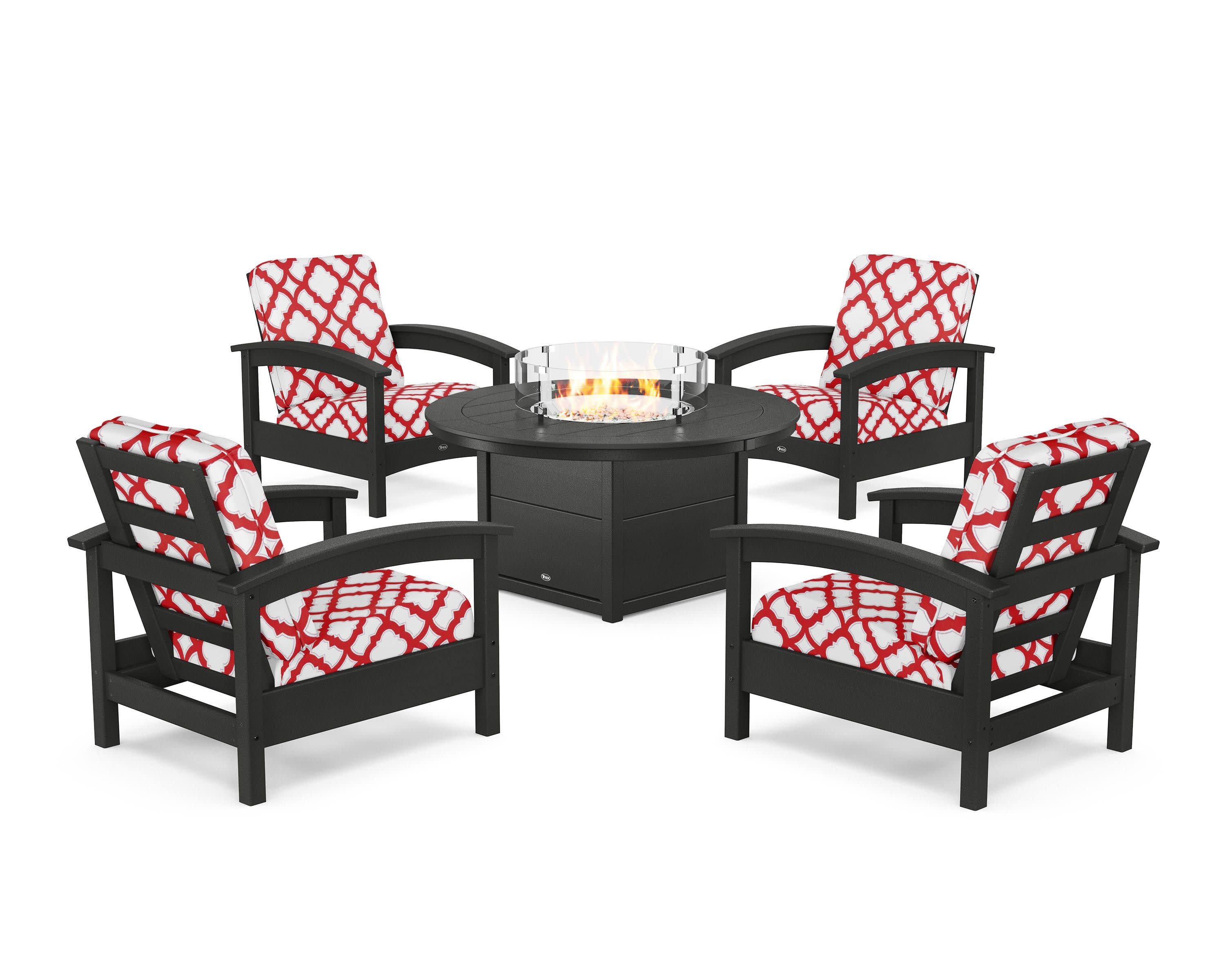 Rockport 5-Piece Deep Seating Set with Round Fire Pit Table in Charcoal Black / Trellis Crimson