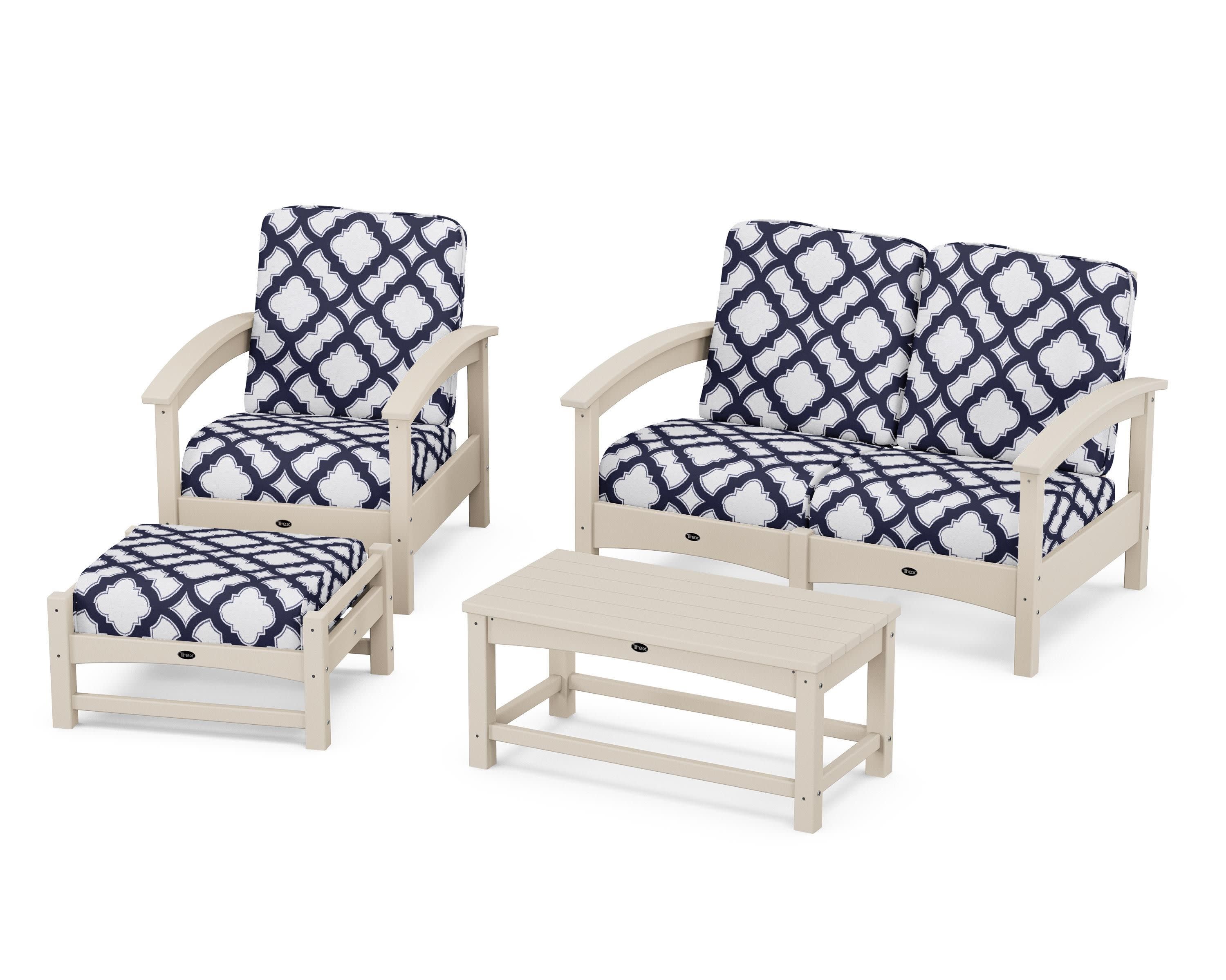 Rockport 4-Piece Deep Seating Conversation Group in Sand Castle / Trellis Navy