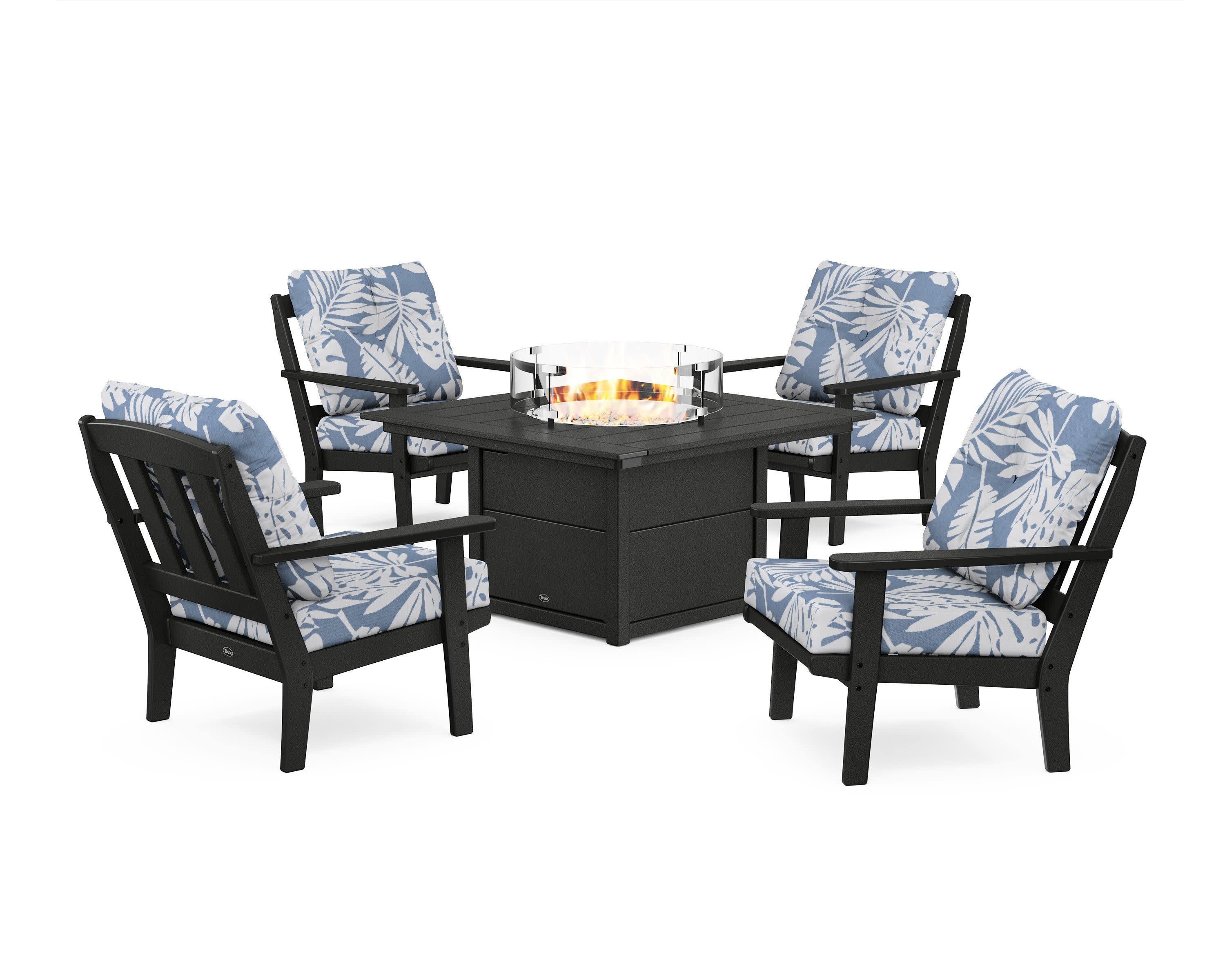 Cape Cod 5-Piece Deep Seating Set with Fire Pit Table in Charcoal Black / Leaf Sky Blue