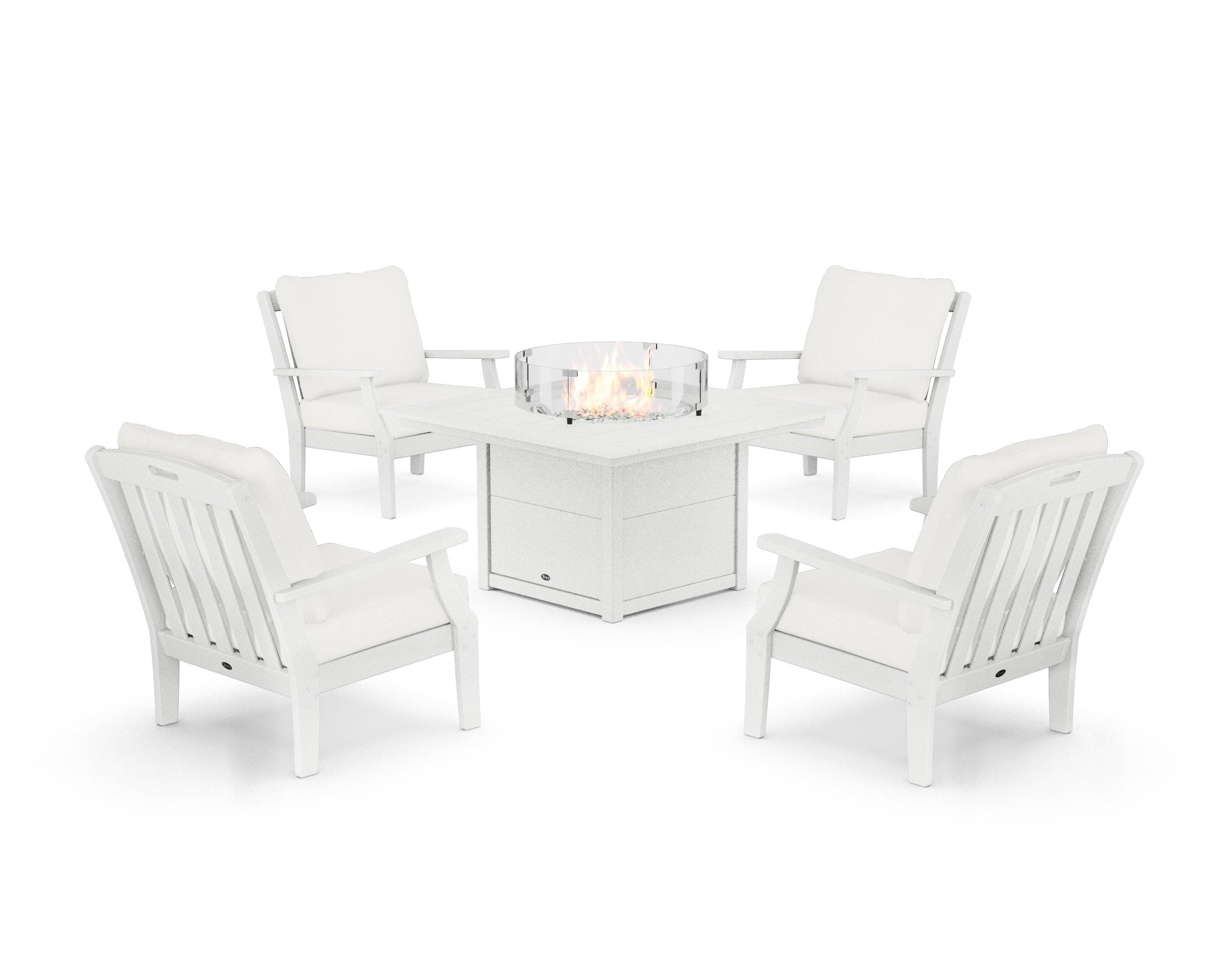 Yacht Club 5-Piece Deep Seating Set with Square Fire Pit Table in Classic White / Natural Linen