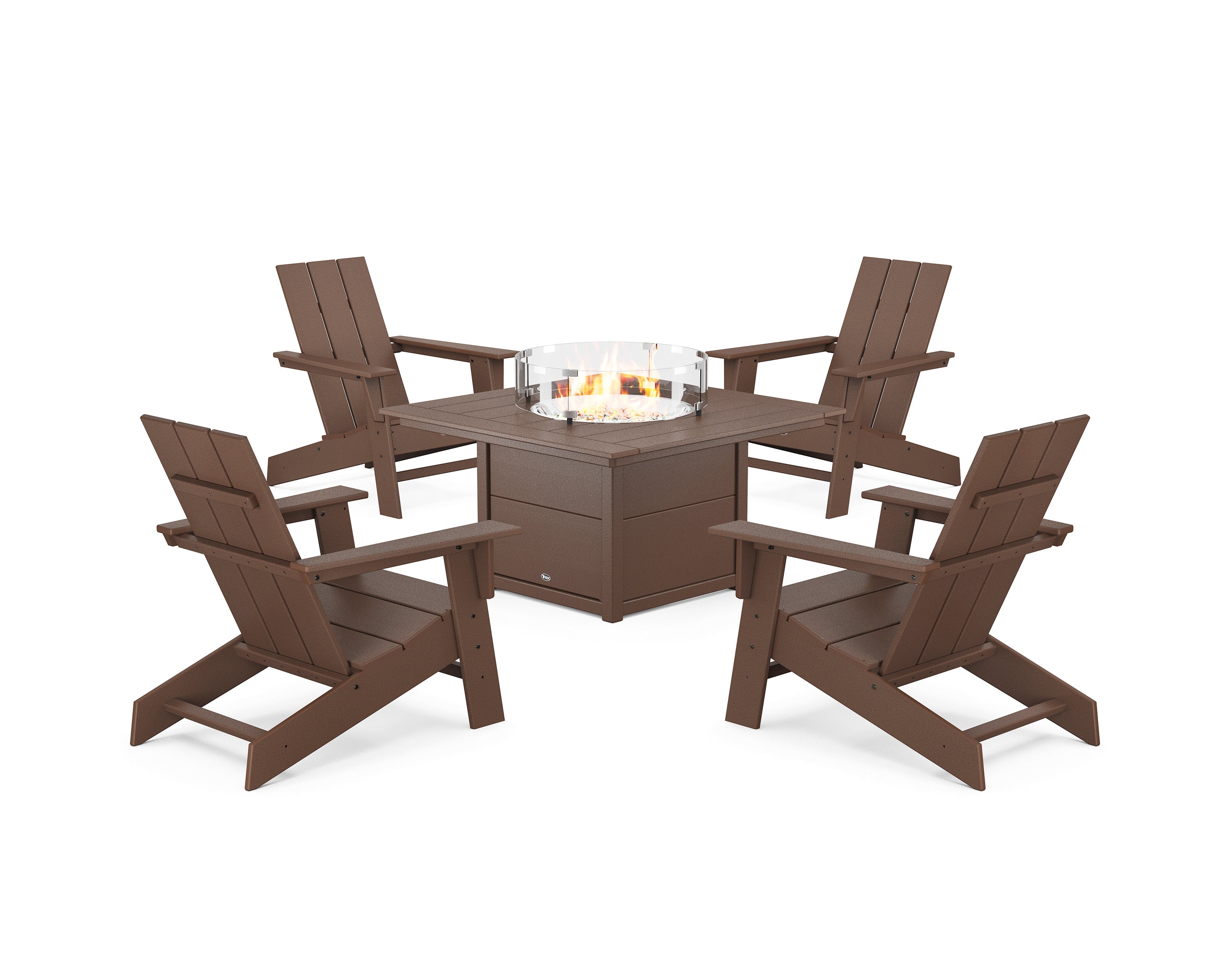 Eastport Modern Adirondack 5-Piece Set with Square Fire Pit Table in Vintage Lantern