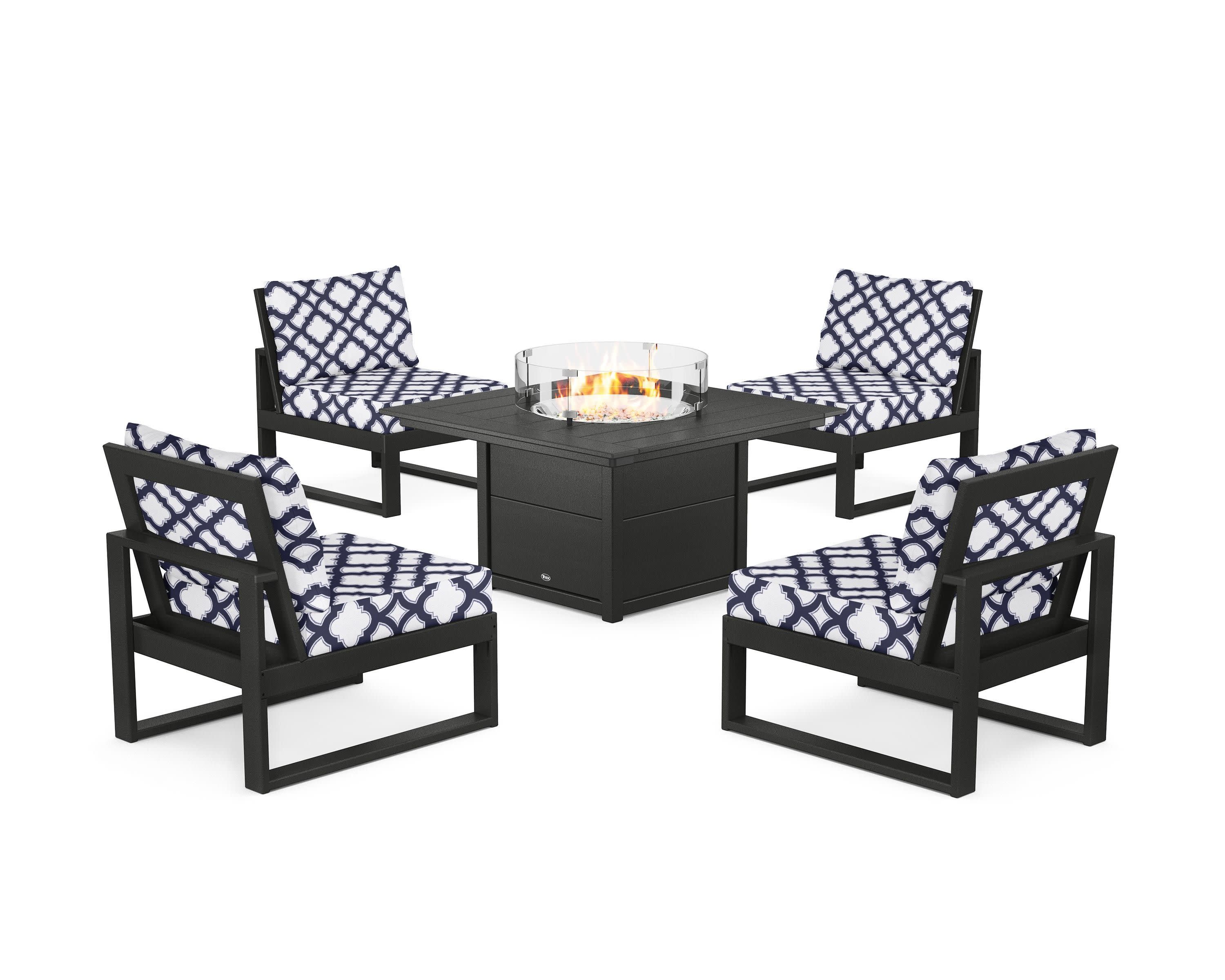 Eastport Modular 5-Piece Deep Seating Set with Square Fire Pit Table in Charcoal Black / Trellis Navy