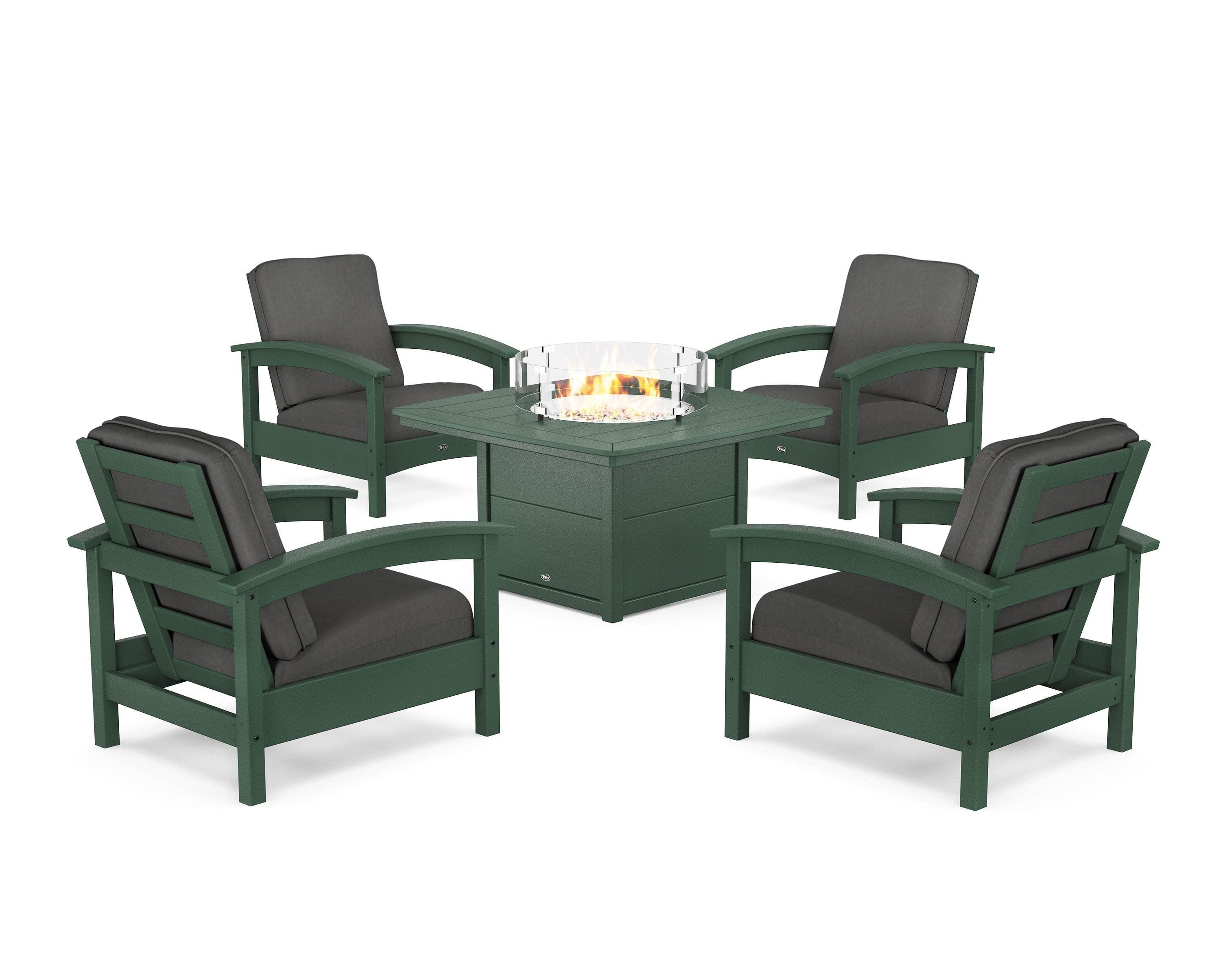 Rockport 5-Piece Deep Seating Set with Yacht Club Fire Pit Table in Rainforest Canopy / Spectrum Carbon