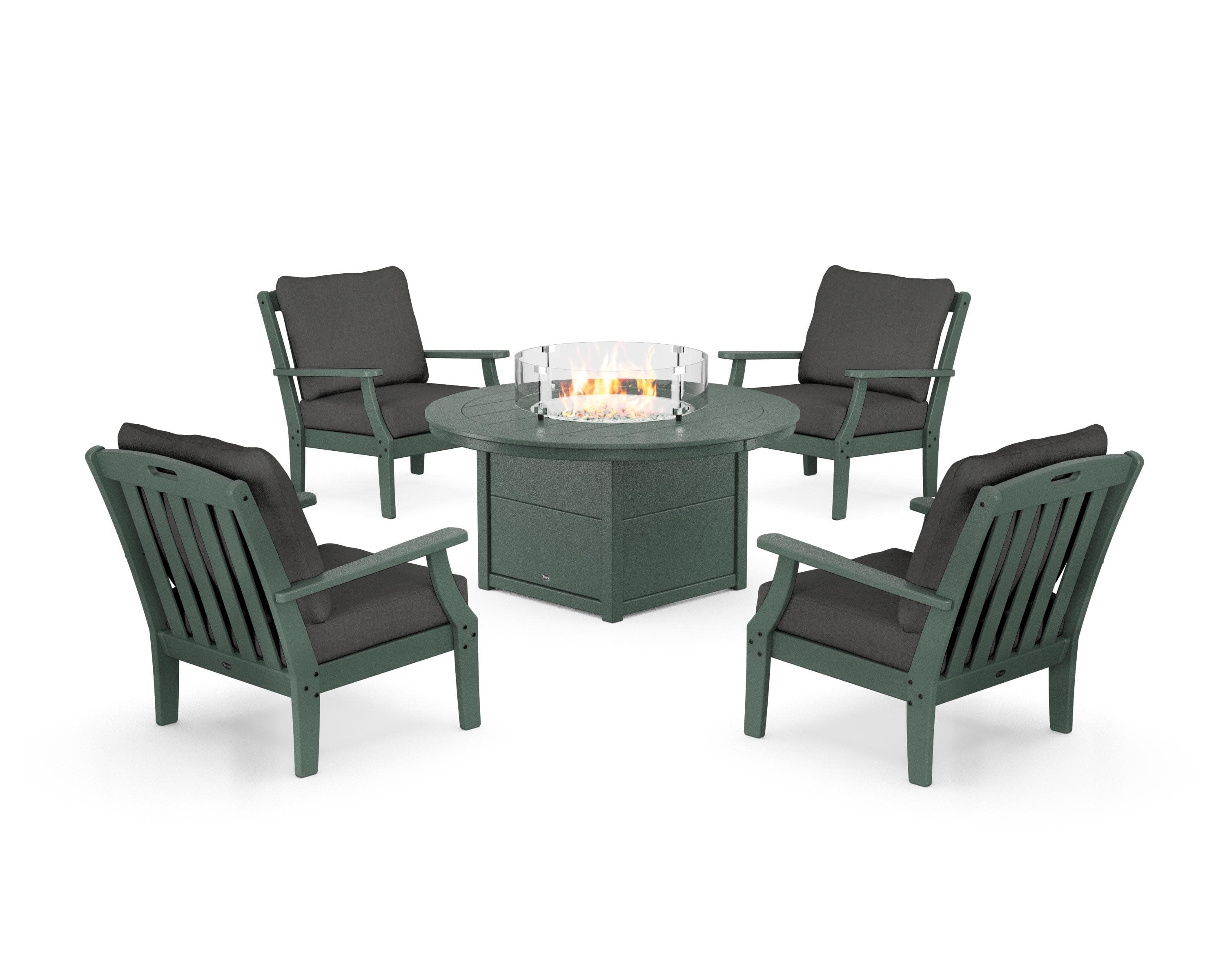 Yacht Club 5-Piece Deep Seating Set with Round Fire Pit Table in Rainforest Canopy / Spectrum Carbon