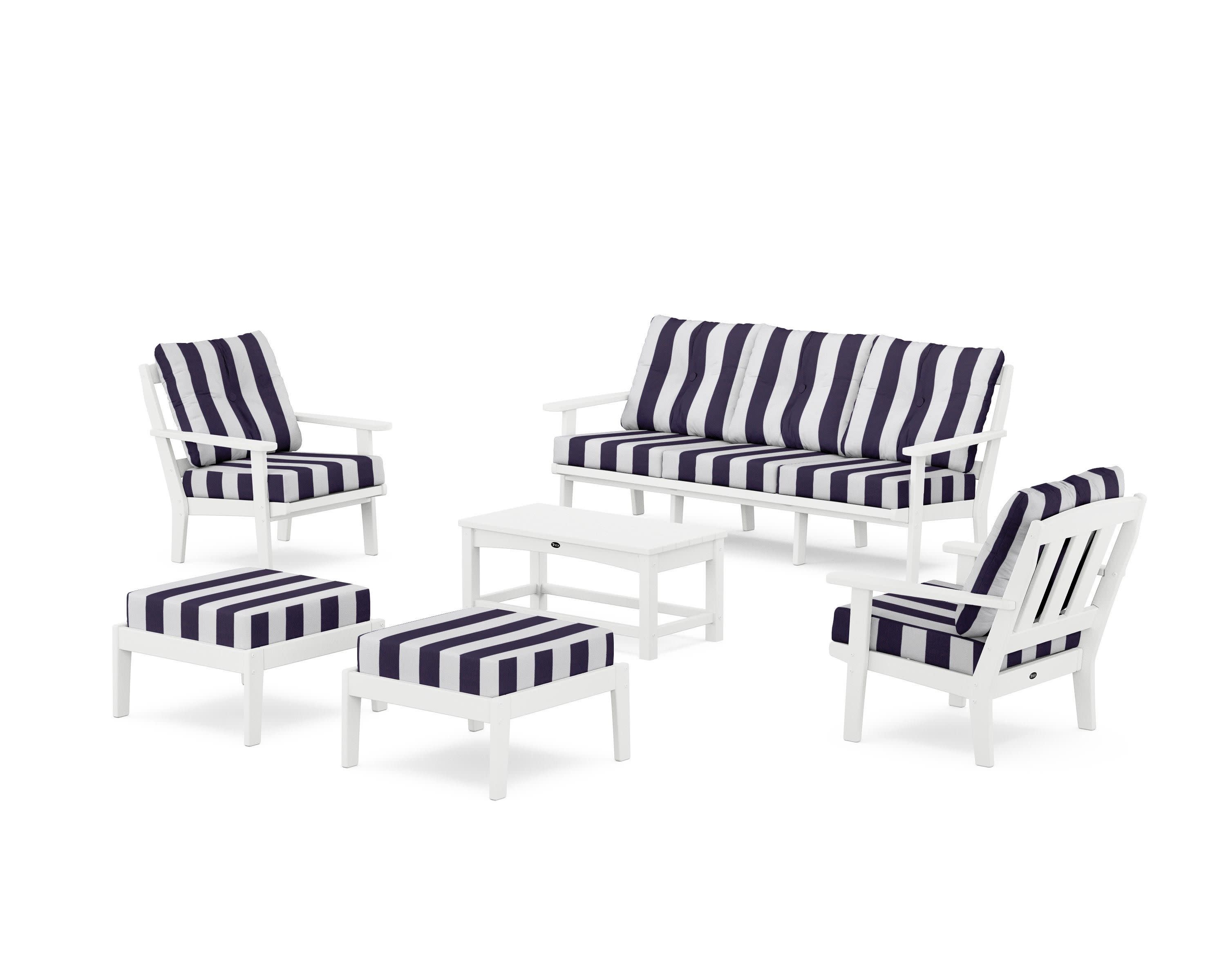 Cape Cod 6-Piece Lounge Sofa Set in Classic White / Cabana Stripe Navy