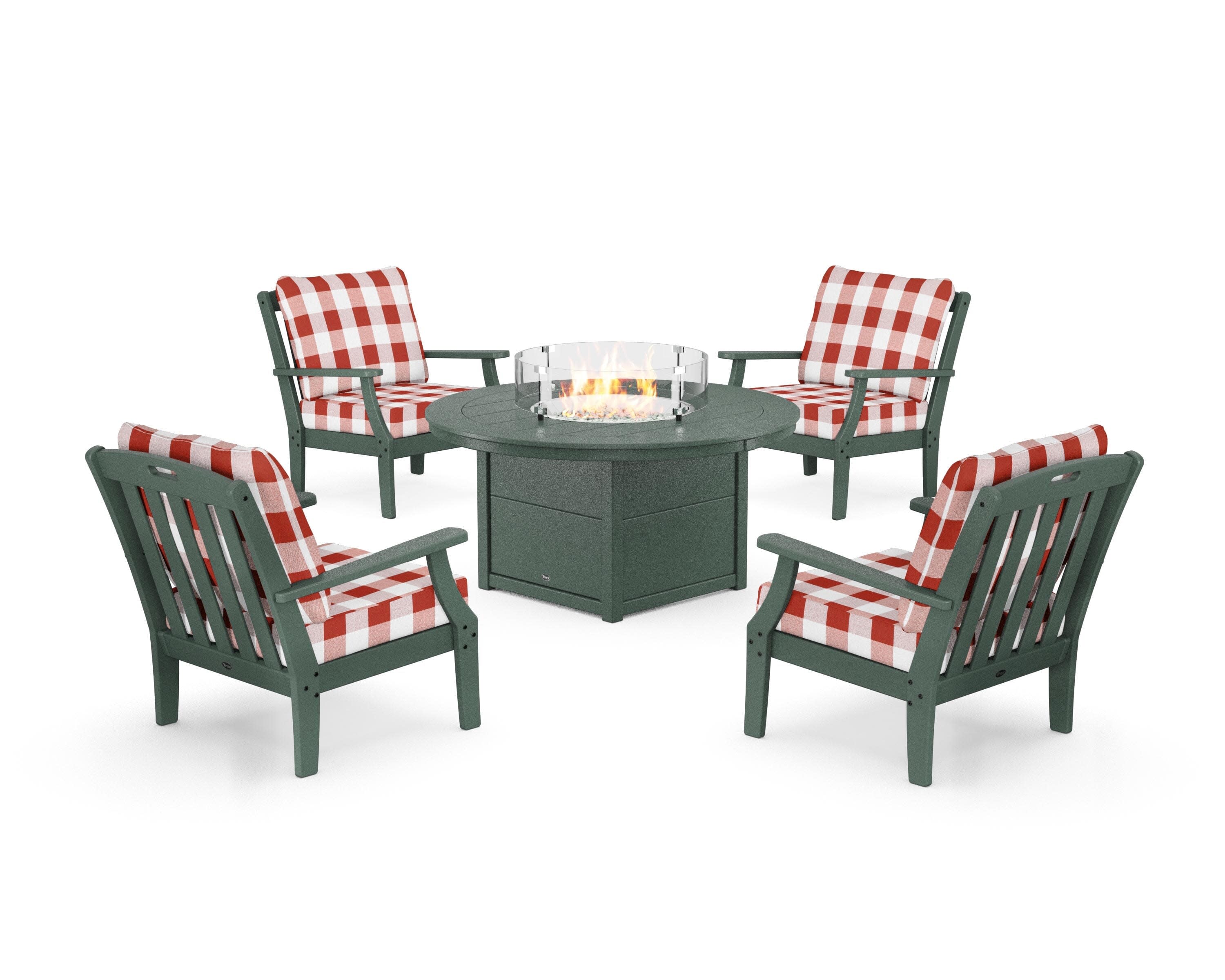 Yacht Club 5-Piece Deep Seating Set with Round Fire Pit Table in Rainforest Canopy / Buffalo Plaid Crimson