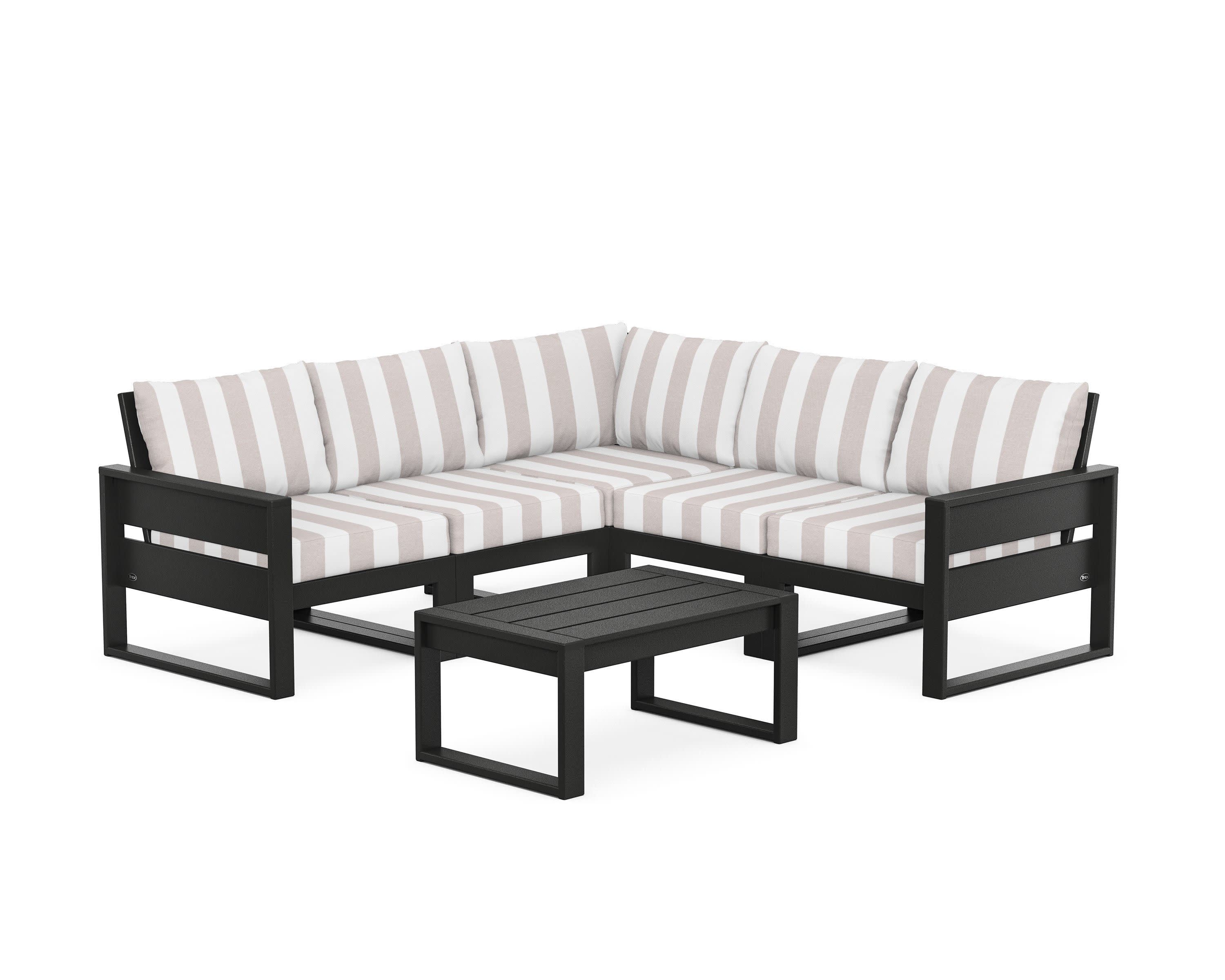 Eastport 6-Piece Deep Seating Sectional + Coffee Table Set in Charcoal Black / Cabana Stripe Dune Burlap