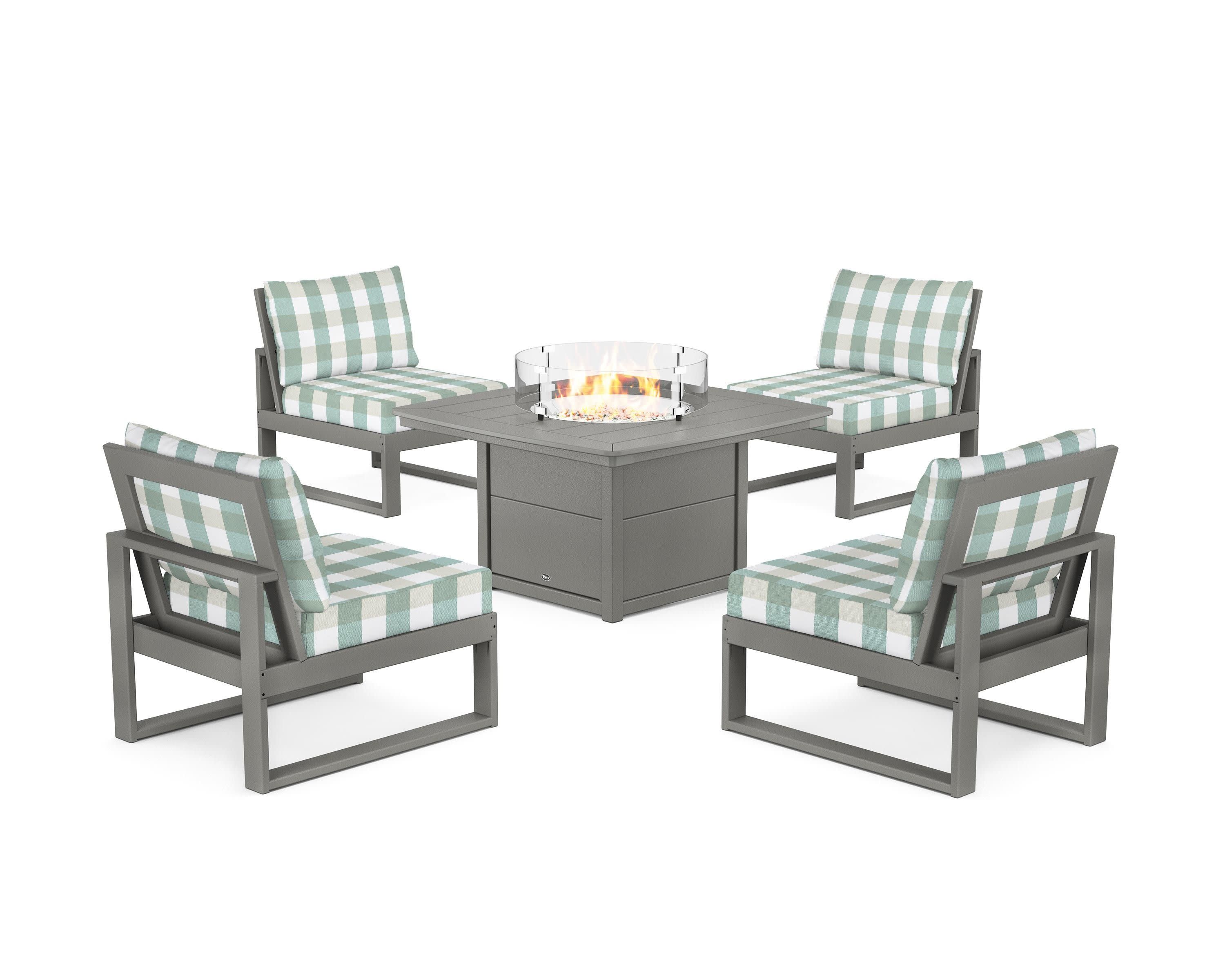 Eastport Modular 5-Piece Deep Seating Set with Yacht Club Fire Pit Table in Stepping Stone / Buffalo Plaid Glacier Spa