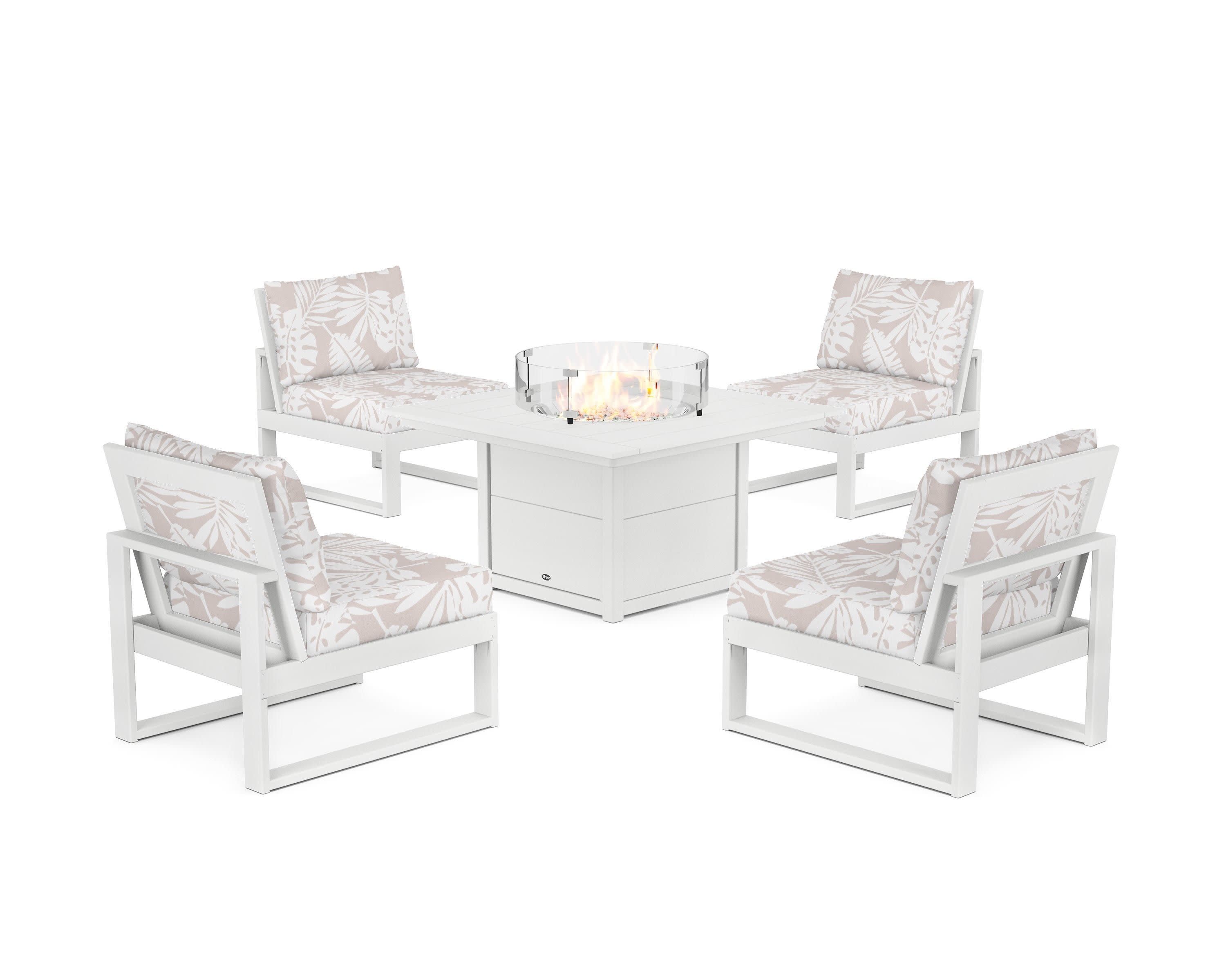 Eastport Modular 5-Piece Deep Seating Set with Square Fire Pit Table in Classic White / Leaf Dune Burlap