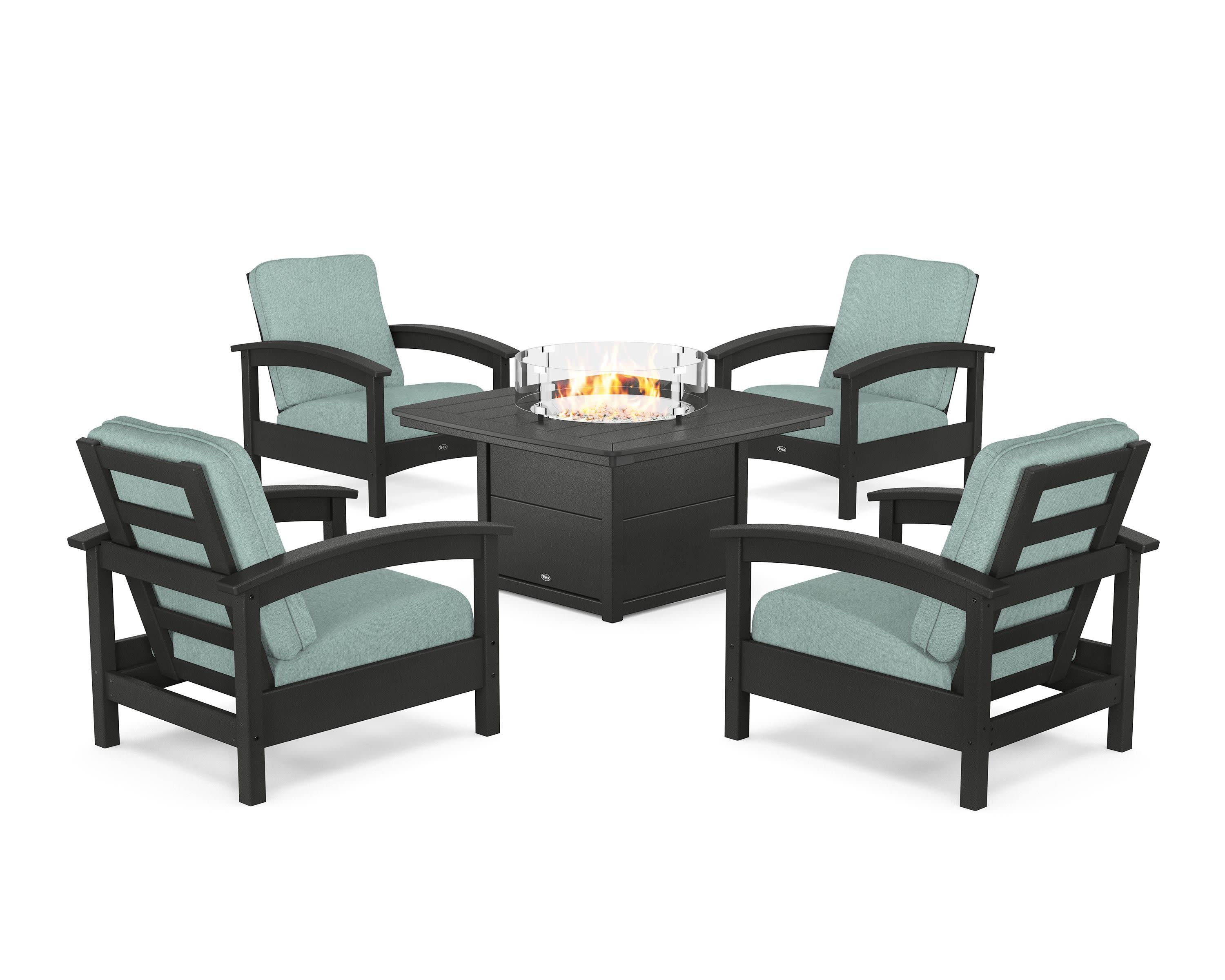 Rockport 5-Piece Deep Seating Set with Yacht Club Fire Pit Table in Charcoal Black / Glacier Spa