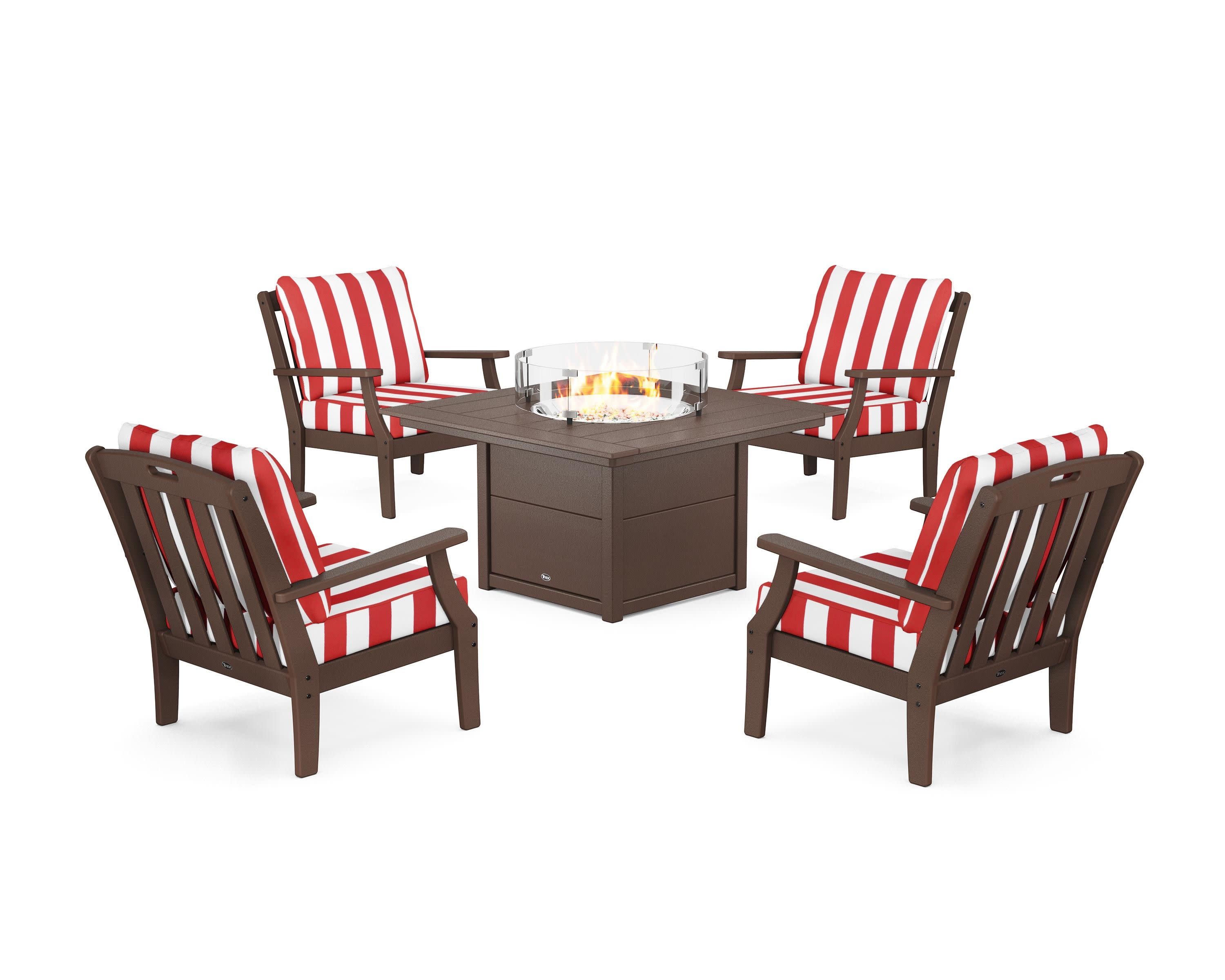 Yacht Club 5-Piece Deep Seating Set with Square Fire Pit Table in Vintage Lantern / Cabana Stripe Crimson