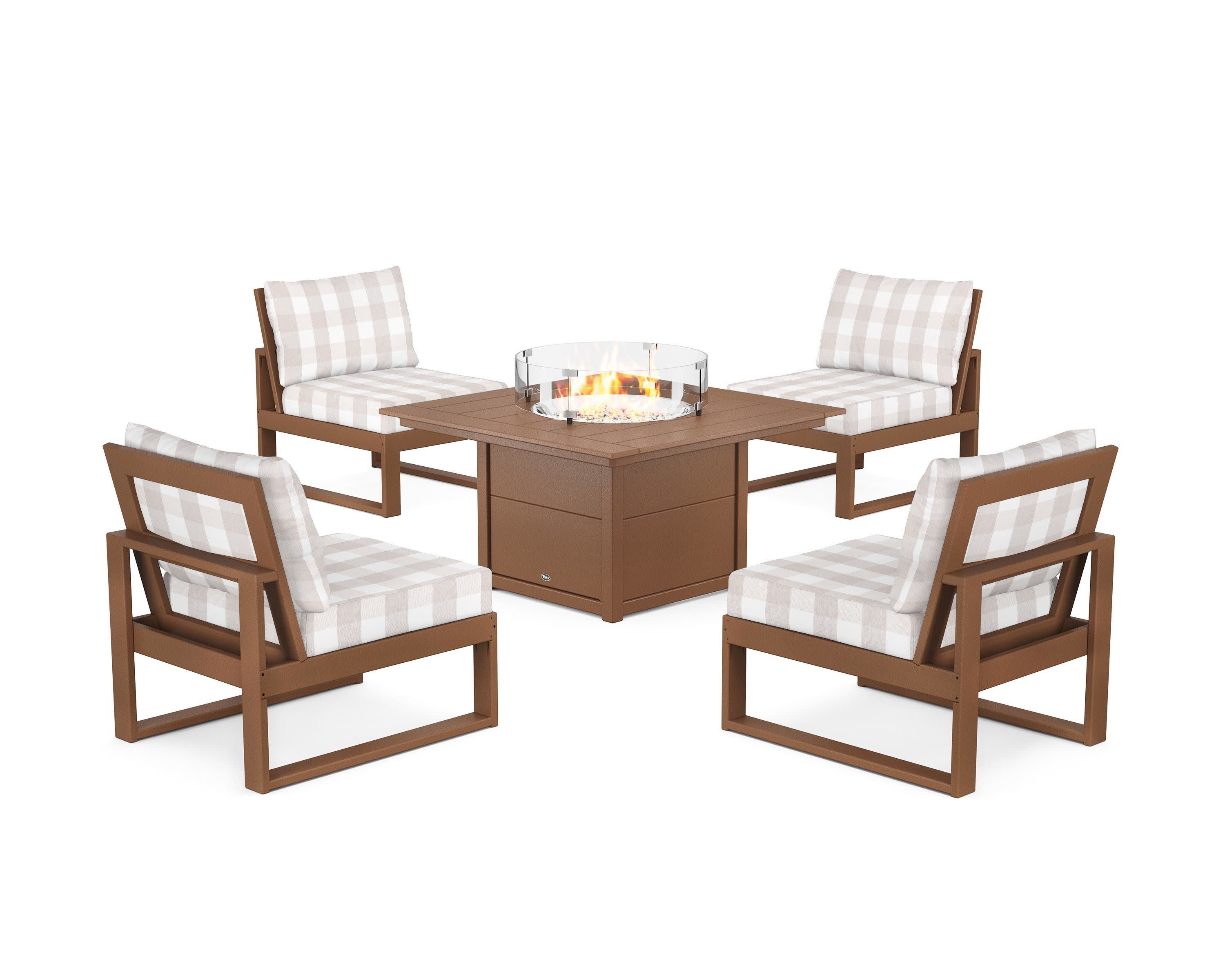 Eastport Modular 5-Piece Deep Seating Set with Square Fire Pit Table in Tree House / Buffalo Plaid Dune Burlap