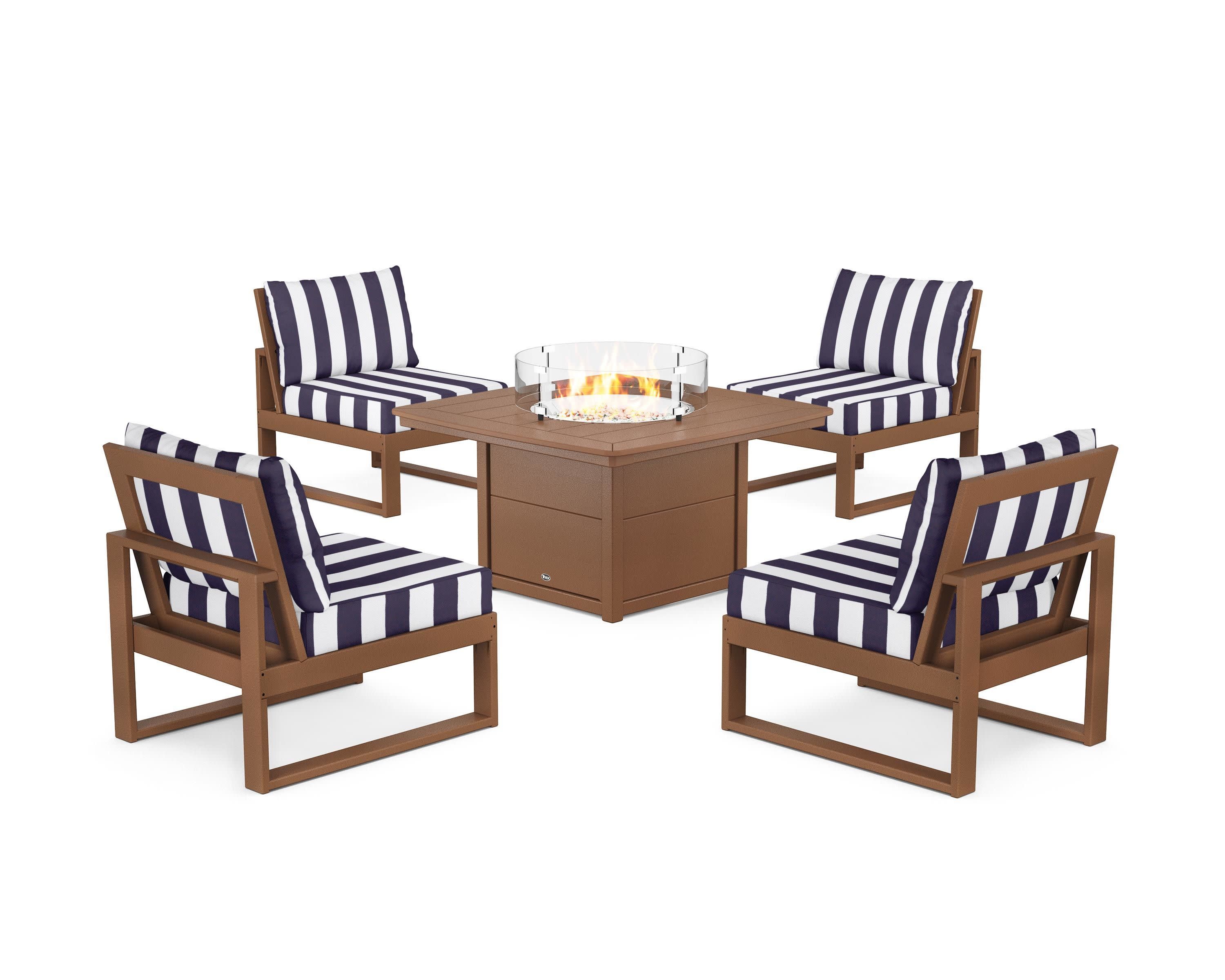 Eastport Modular 5-Piece Deep Seating Set with Yacht Club Fire Pit Table in Tree House / Cabana Stripe Navy