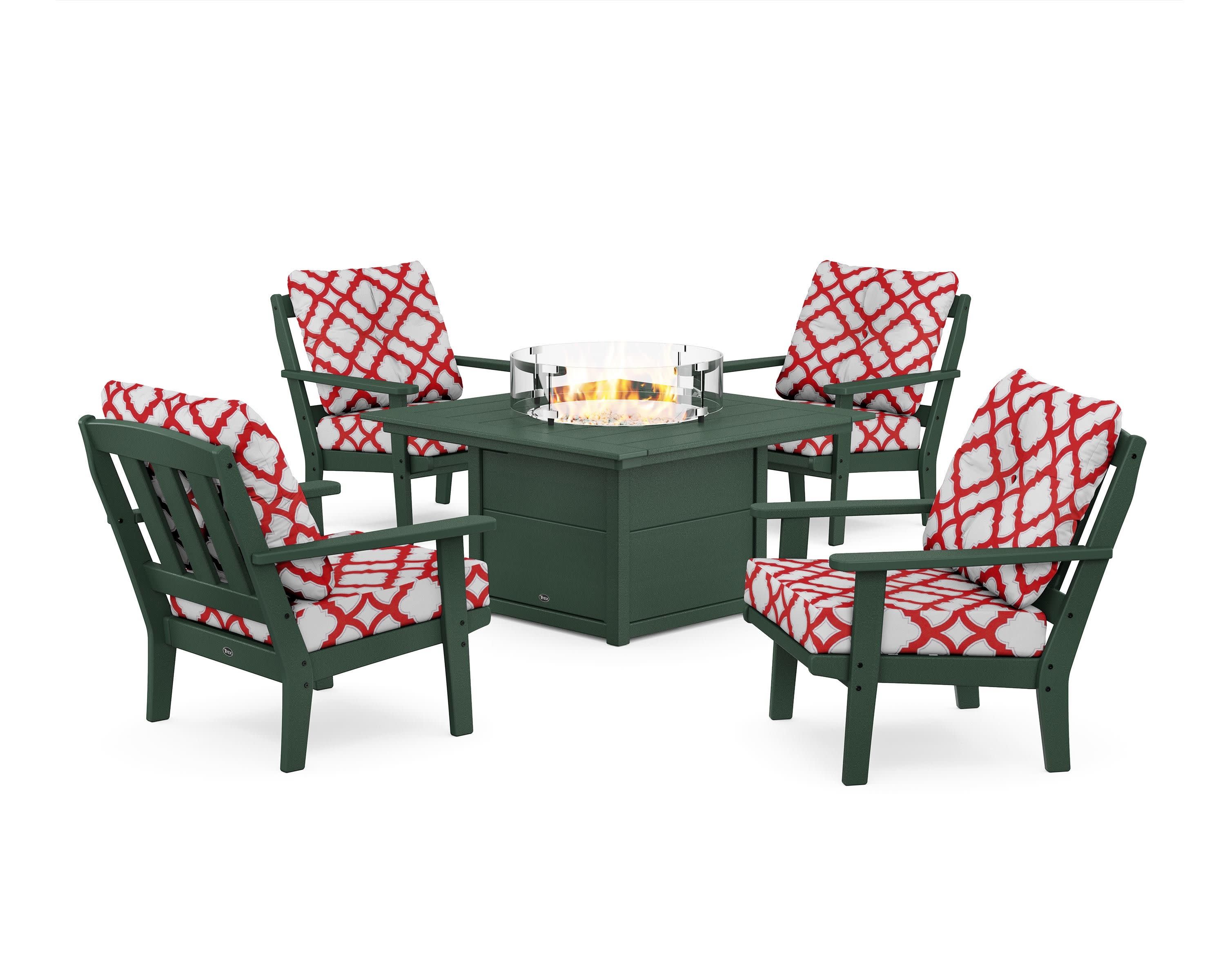 Cape Cod 5-Piece Deep Seating Set with Fire Pit Table in Rainforest Canopy / Trellis Crimson