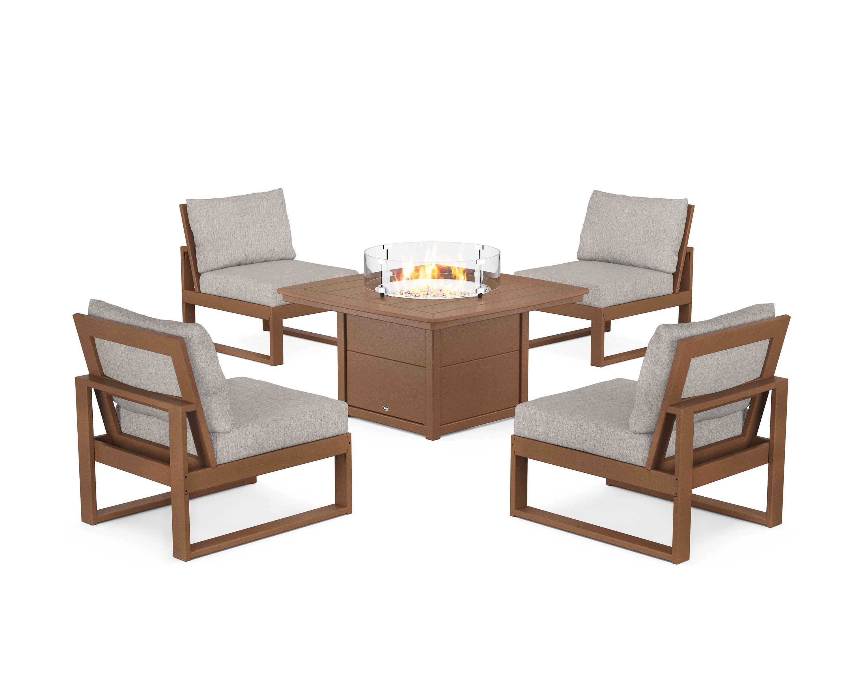 Eastport Modular 5-Piece Deep Seating Set with Yacht Club Fire Pit Table in Tree House / Weathered Tweed