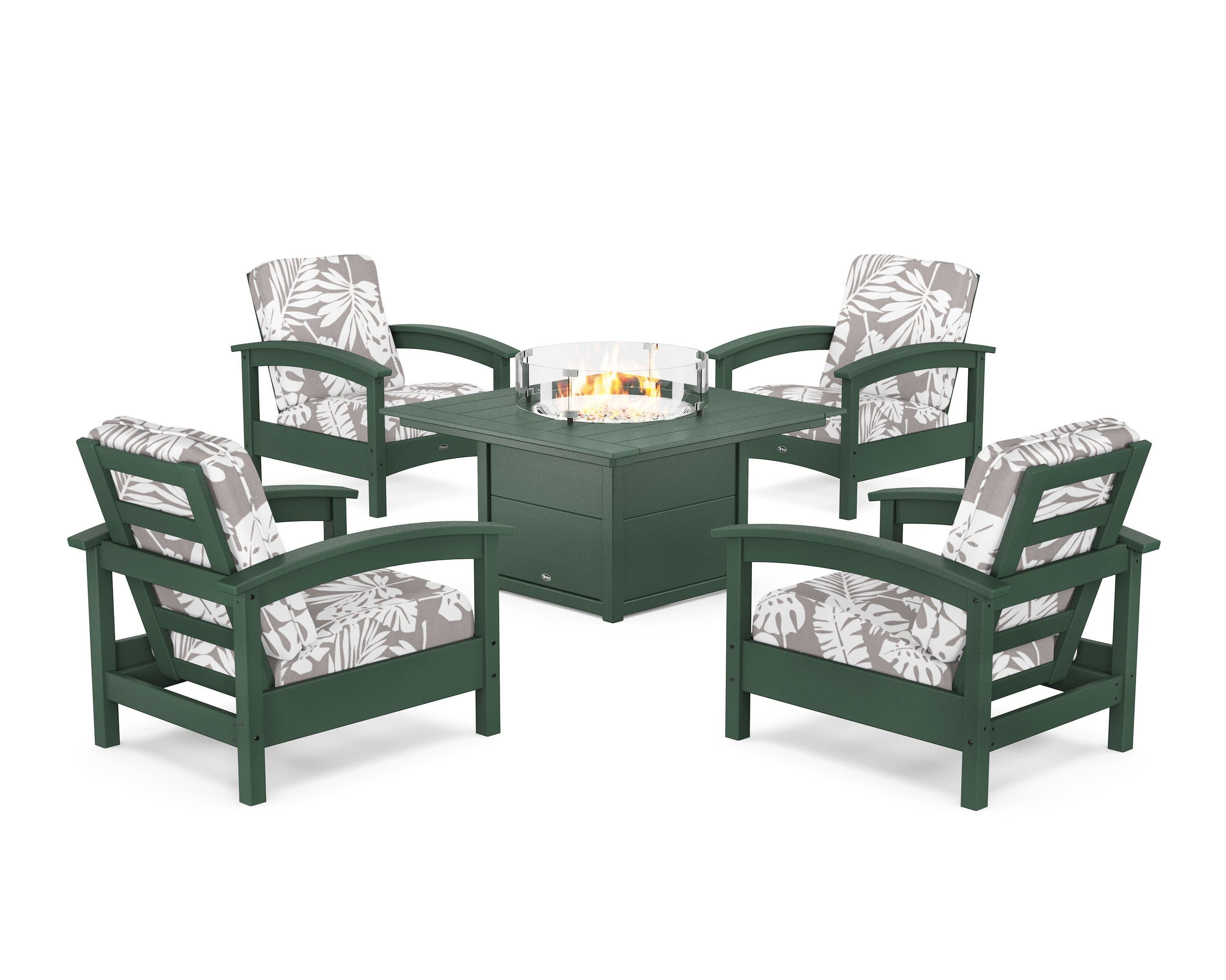 Rockport 5-Piece Deep Seating Set with Square Fire Pit Table in Rainforest Canopy / Leaf Grey Mist