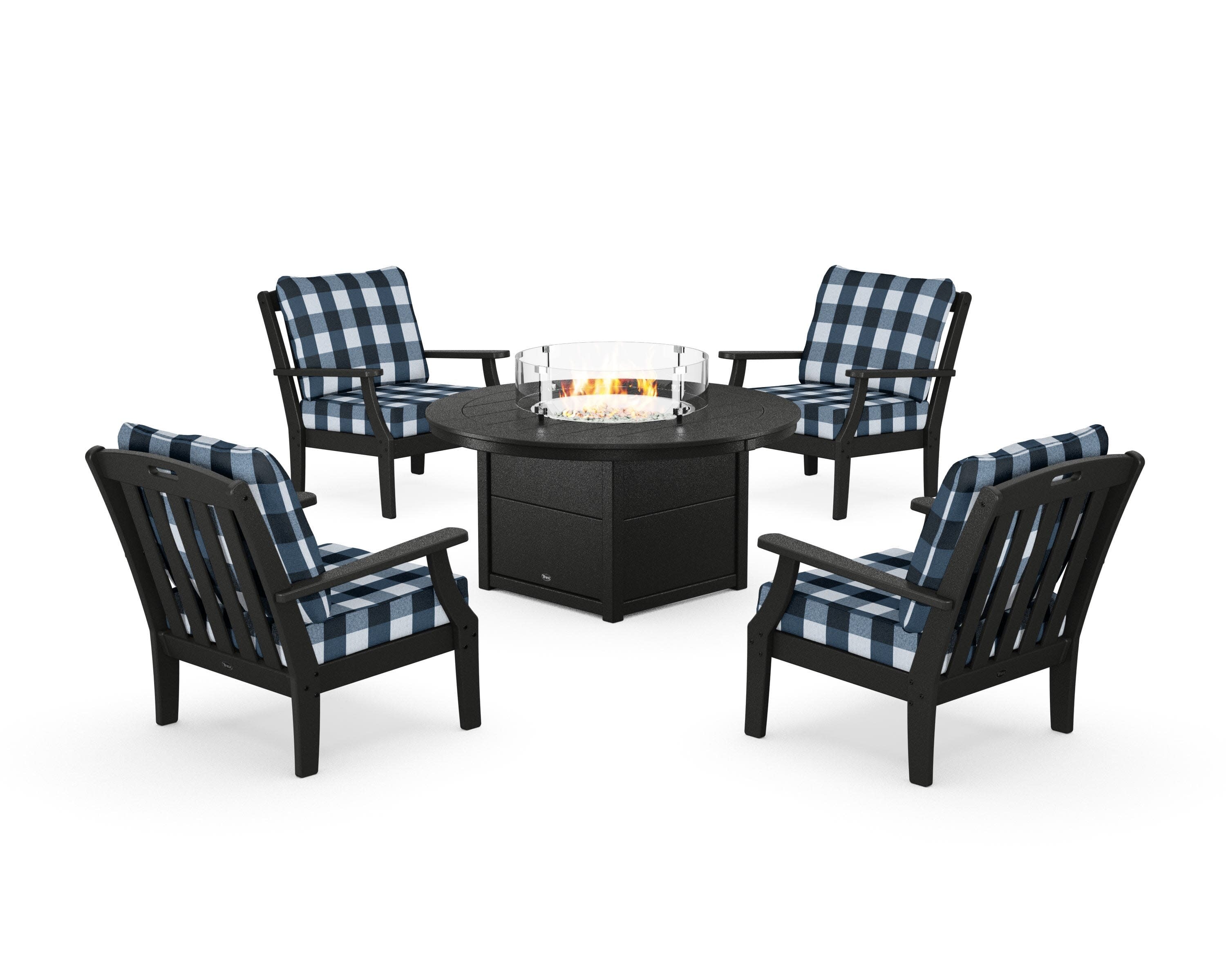 Yacht Club 5-Piece Deep Seating Set with Round Fire Pit Table in Charcoal Black / Buffalo Plaid Marine Indigo