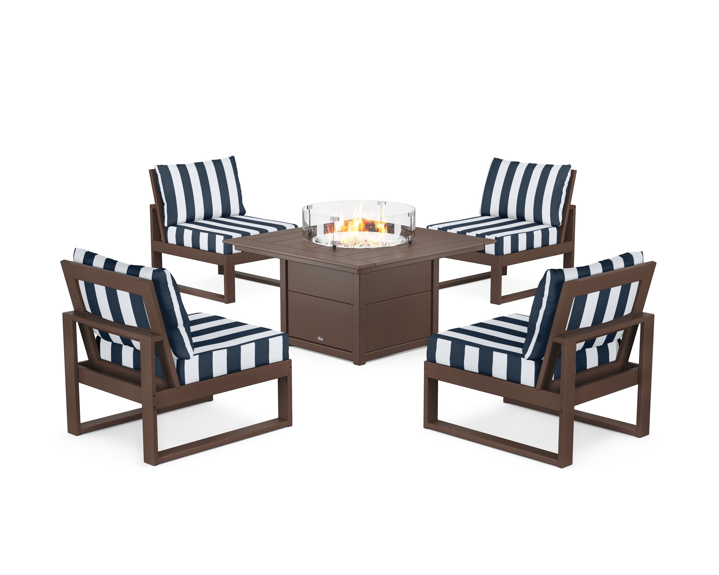 Eastport Modular 5-Piece Deep Seating Set with Square Fire Pit Table in Vintage Lantern / Cabana Stripe Marine Indigo